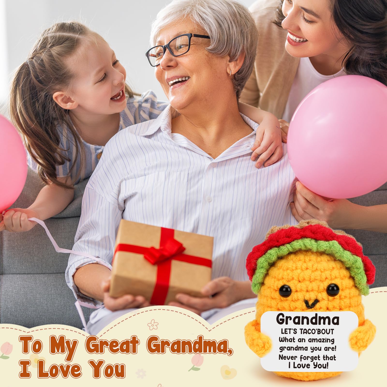 LuoHere Grandma Gifts Mothers Day Birthday Gifts for Grandmother from Grandkids, Gigi Gift for Great Best Grandma Ever Mothers Day Christmas Funny Granny Grandparents Mimi Nana Handmade Crochet Taco