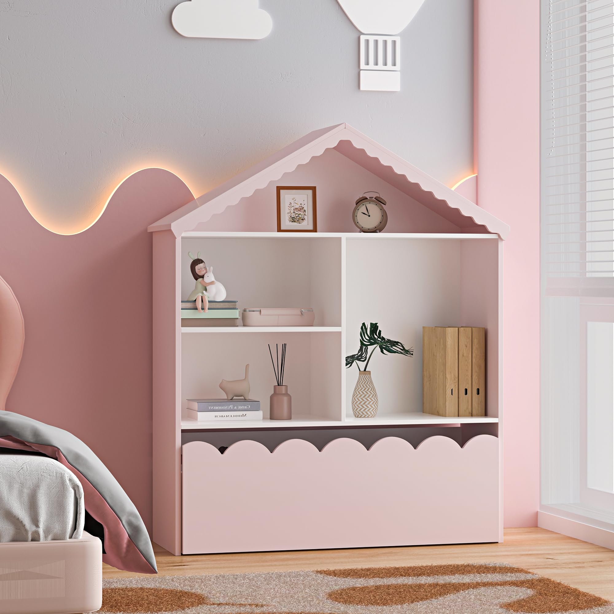 [en.casa] Étagère pour Enfants en Forme de Maison Meuble de Rangement avec Compartiments Ouverts et Tiroir Ondulé Bibliothèque MDF Panneau de Particules 114 x 91 x 30 cm Rose Barbe à Papa Blanc