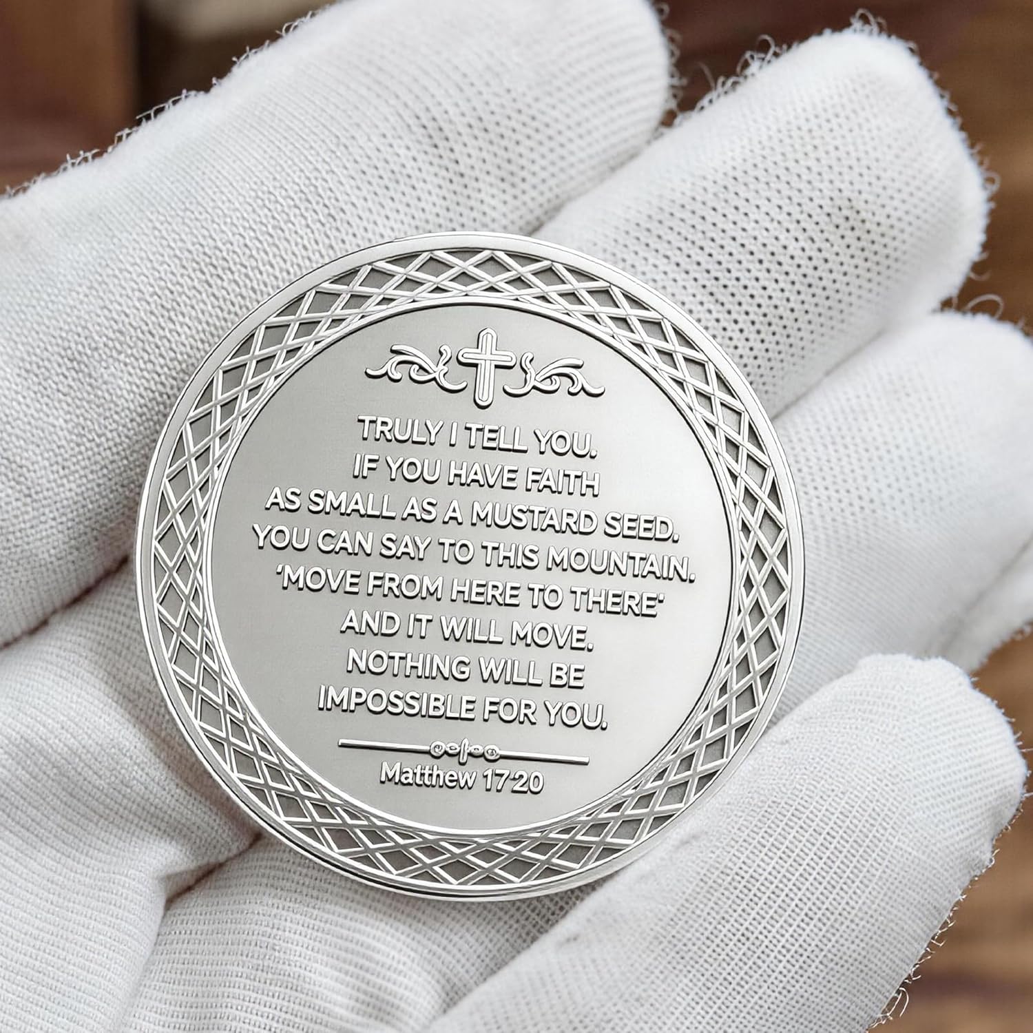 Faith Can Move Mountains Challenge Coin – Silver Plated Biblical Encouragement Token with Matthew 17:20 Scripture & Color Mountain Landscape, Gift for Anxiety Relief, Recovery, or Spiritual Growth