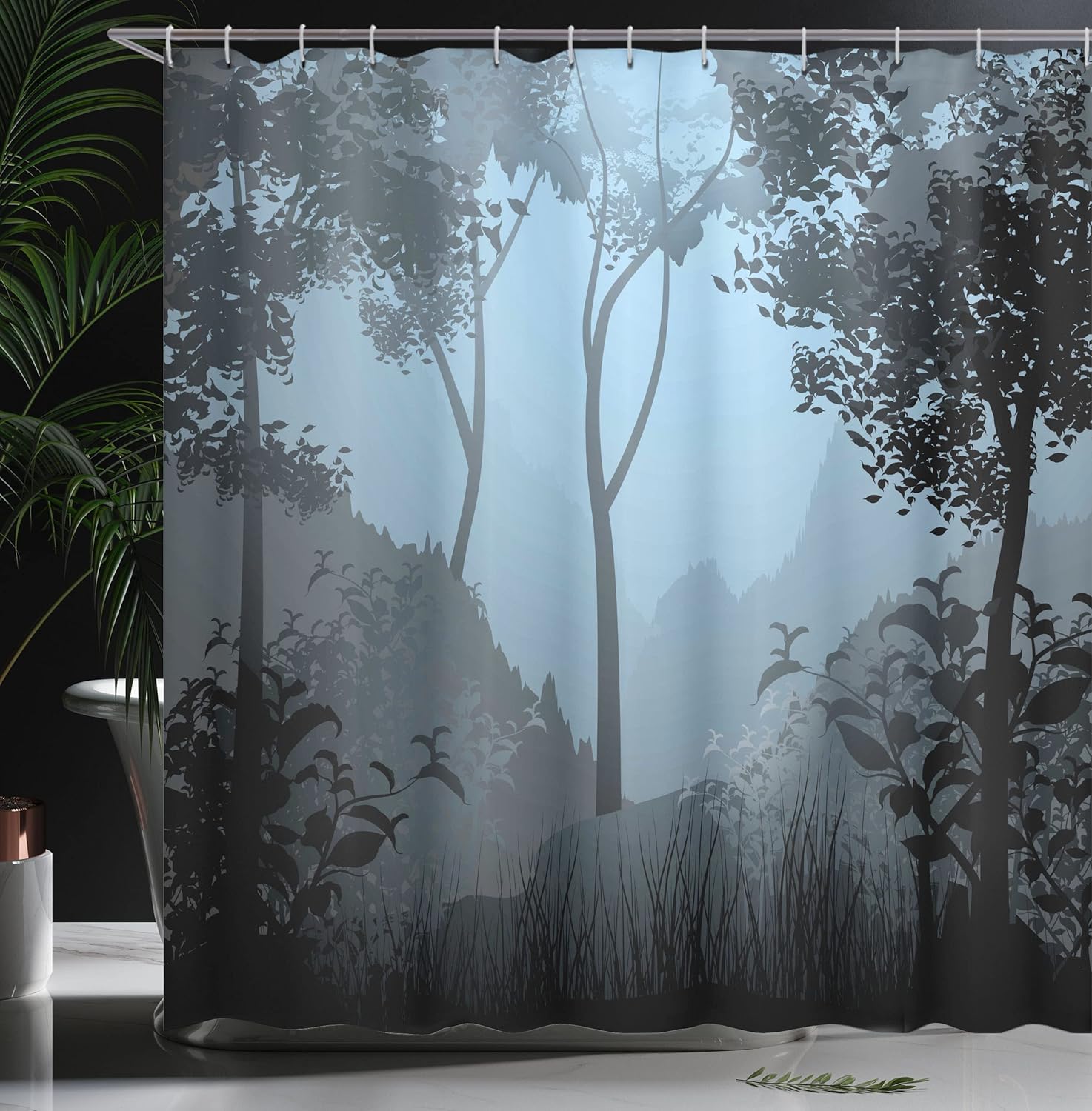 Ambesonne Nature Shower Curtain, Foggy Forest and Cloudy Sky View Tree Silhouettes Jungle Wild Tropical Picture, Cloth Fabric Bathroom Decor Set with Hooks, 69" W x 75" L, Blue Grey