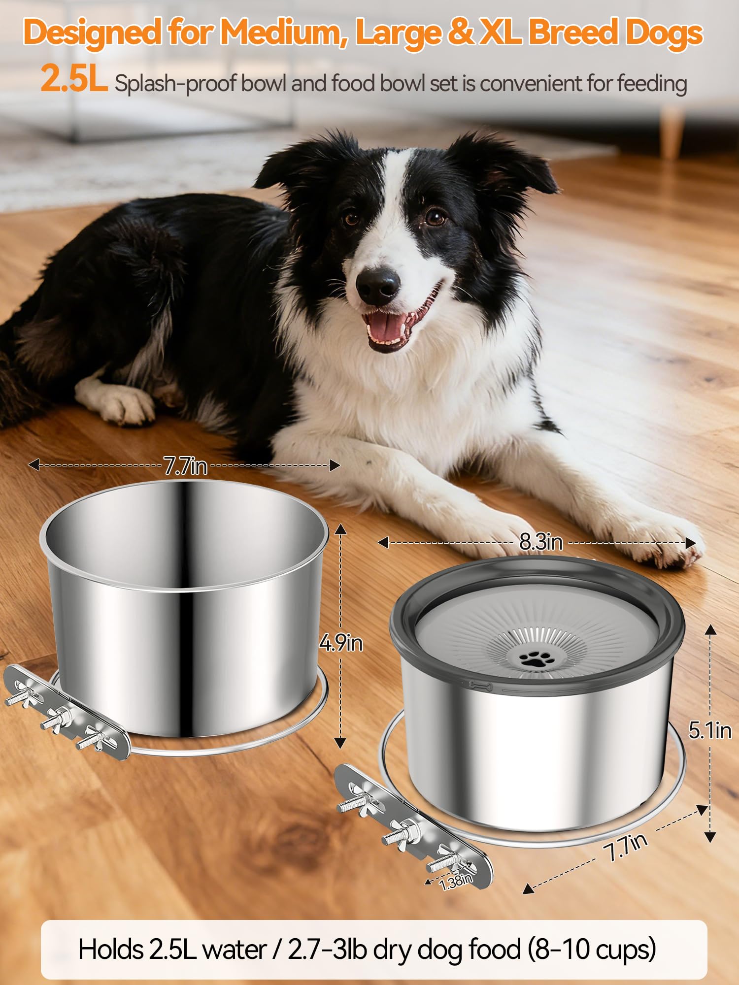 Futternapf für Hundekäfige, 2,5 l, 2-teiliges Edelstahl-Schüssel-Set