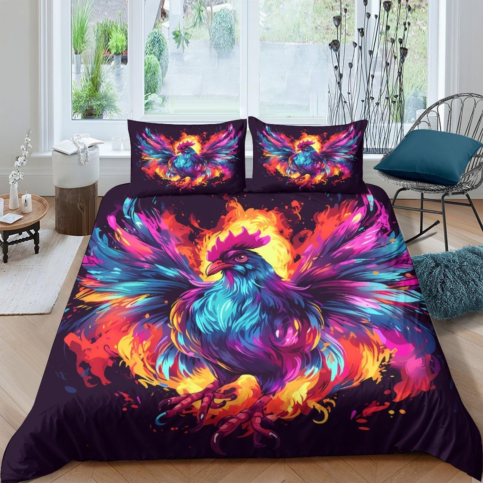 Ctjqhvkz Style-9 3D Printed Fiery Rooster Fitted Sheet Microfiber Soft Breathable Abstract Phoenix Mattress Cover For Bedroom Dorm Decor Single（135X200cm）