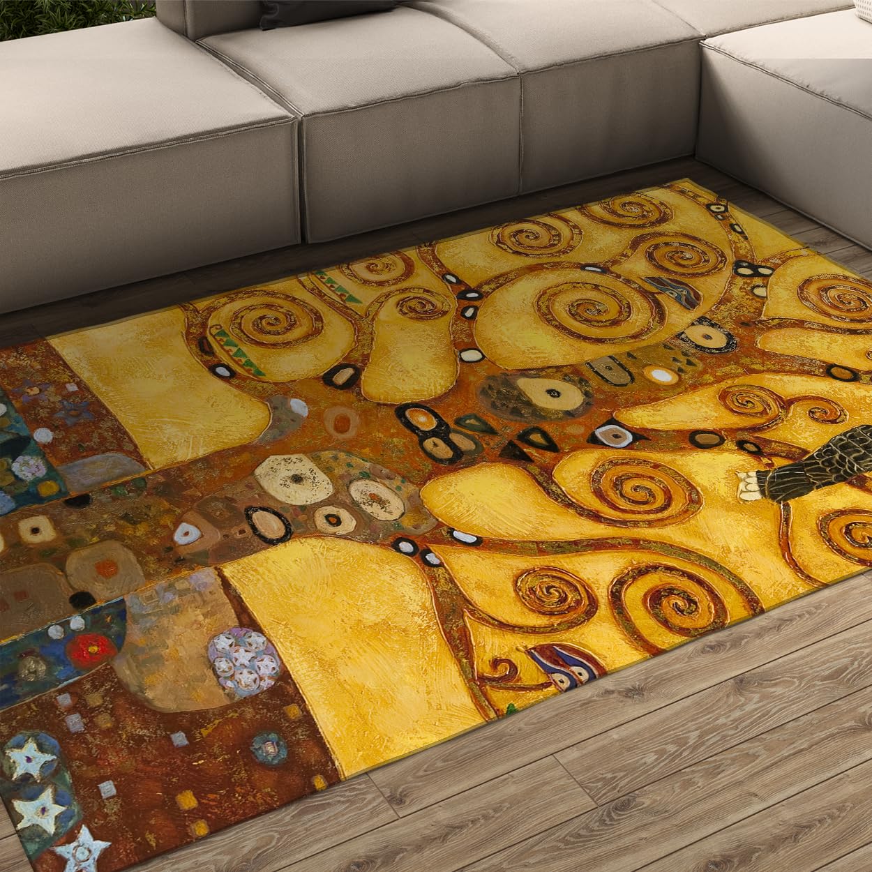 Dywan 160 x 230 zmywalny dywanik kosmiczny drzewo życia drukowane dywaniki do salonu antypoślizgowe miękkie niskie włosie złota spiralna mozaika wewnętrzna łóżko sypialnia jadalnia