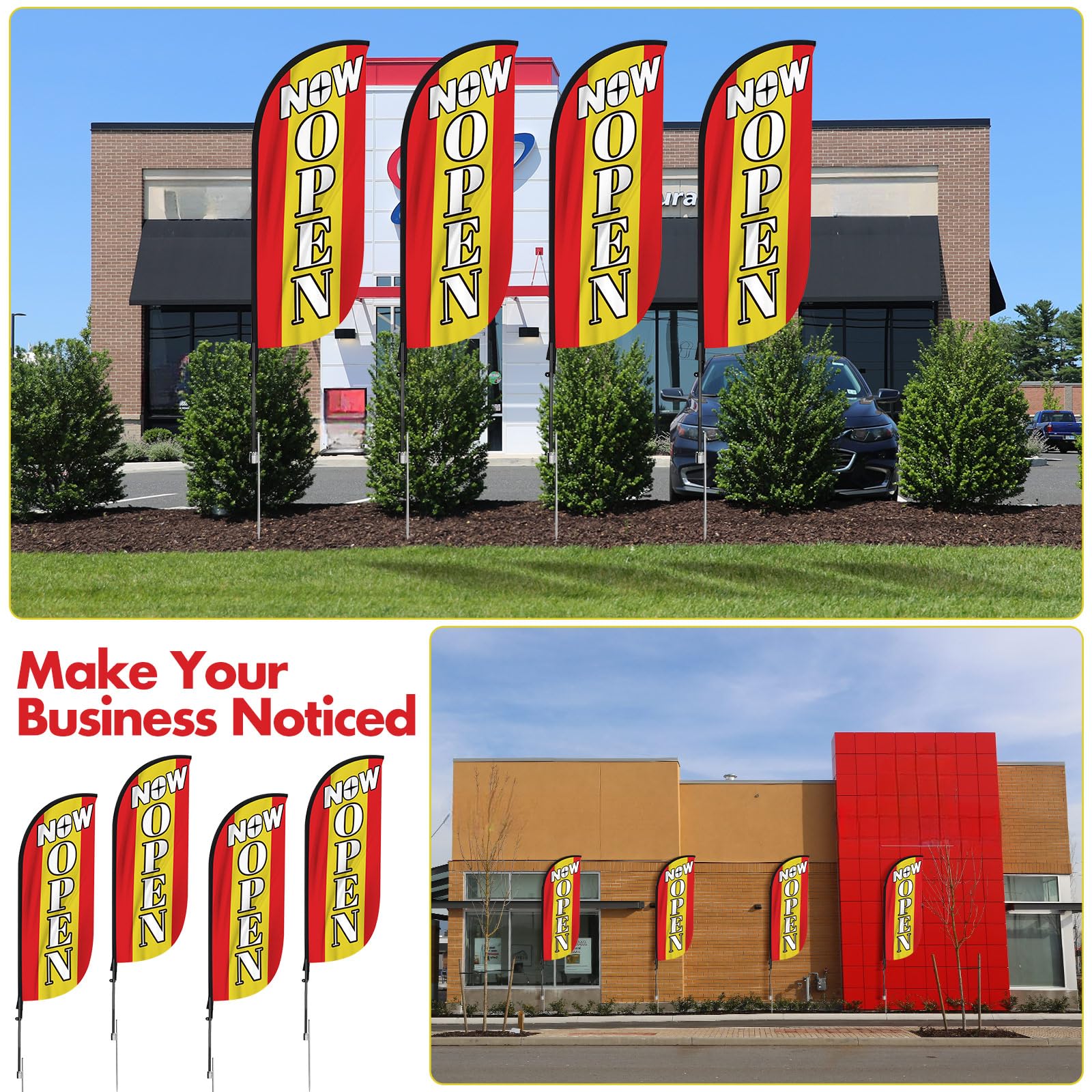 Newwiee 4 Sets offener Feder-Fahnenmast-Set, 2,5 m hoch, jetzt offene Flagge, Werbeflagge, Banner mit Fiberglas-Stangen-Set für Geschäft, große Eröffnung, Thema im Freien (rot)