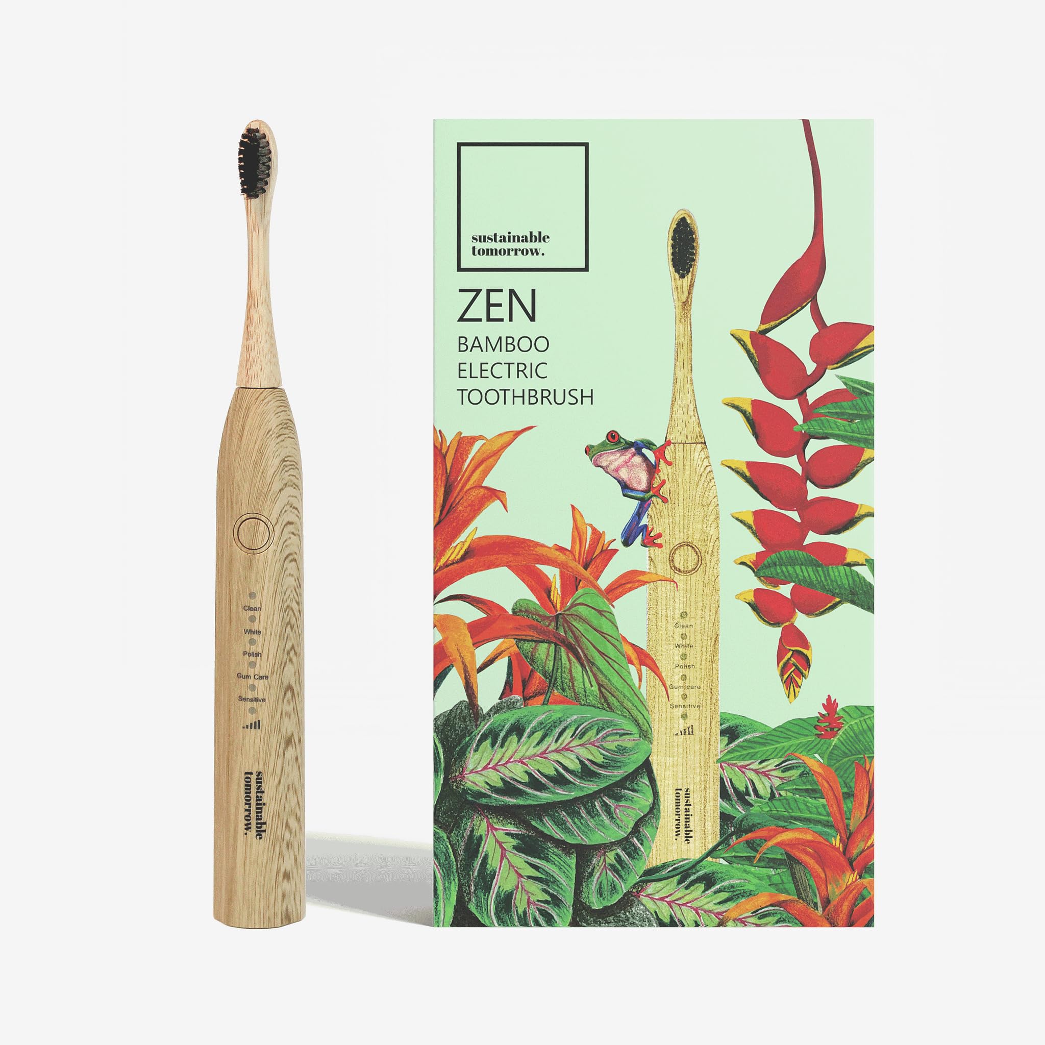 Sustainable Tomorrow Zen Bamboo Electric Toothbrush, Durable Wood-Grain ABS Handle, Rechargeable w/Plant-Based Soft Bristles, Bamboo Heads, 5 Modes &
