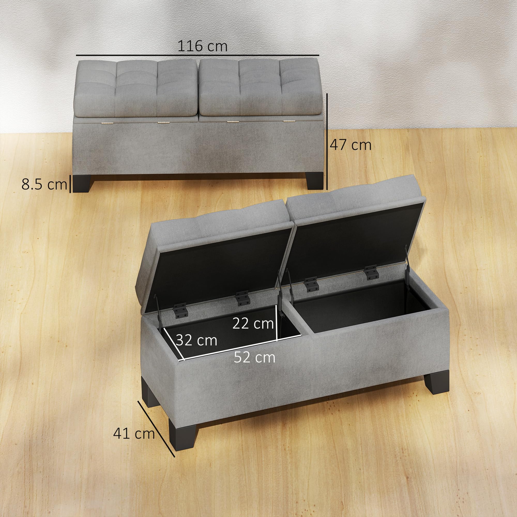 HOMCOM Panca Contenitore Fondoletto con Imbottitura 116x41x47cm Grigio | in Tessuto, Trapuntata a Bottoni, Panca per Ingresso e Camera da Letto