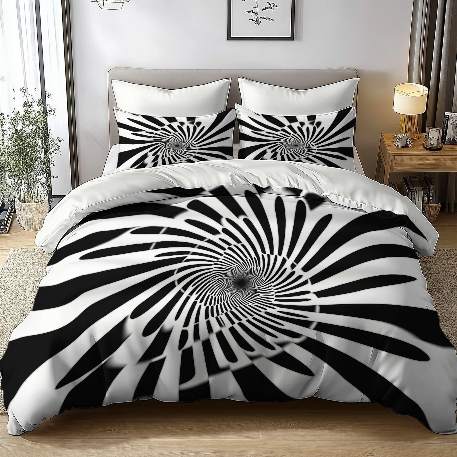 Poszwa na kołdrę 240 x 220 cm z 2 poszewkami na poduszki - Dwustronne spiralne linie iluzja optyczna zestaw pościeli dla dorosłych - 100% mikrofibra komplet pościeli dla 2 osób, biały