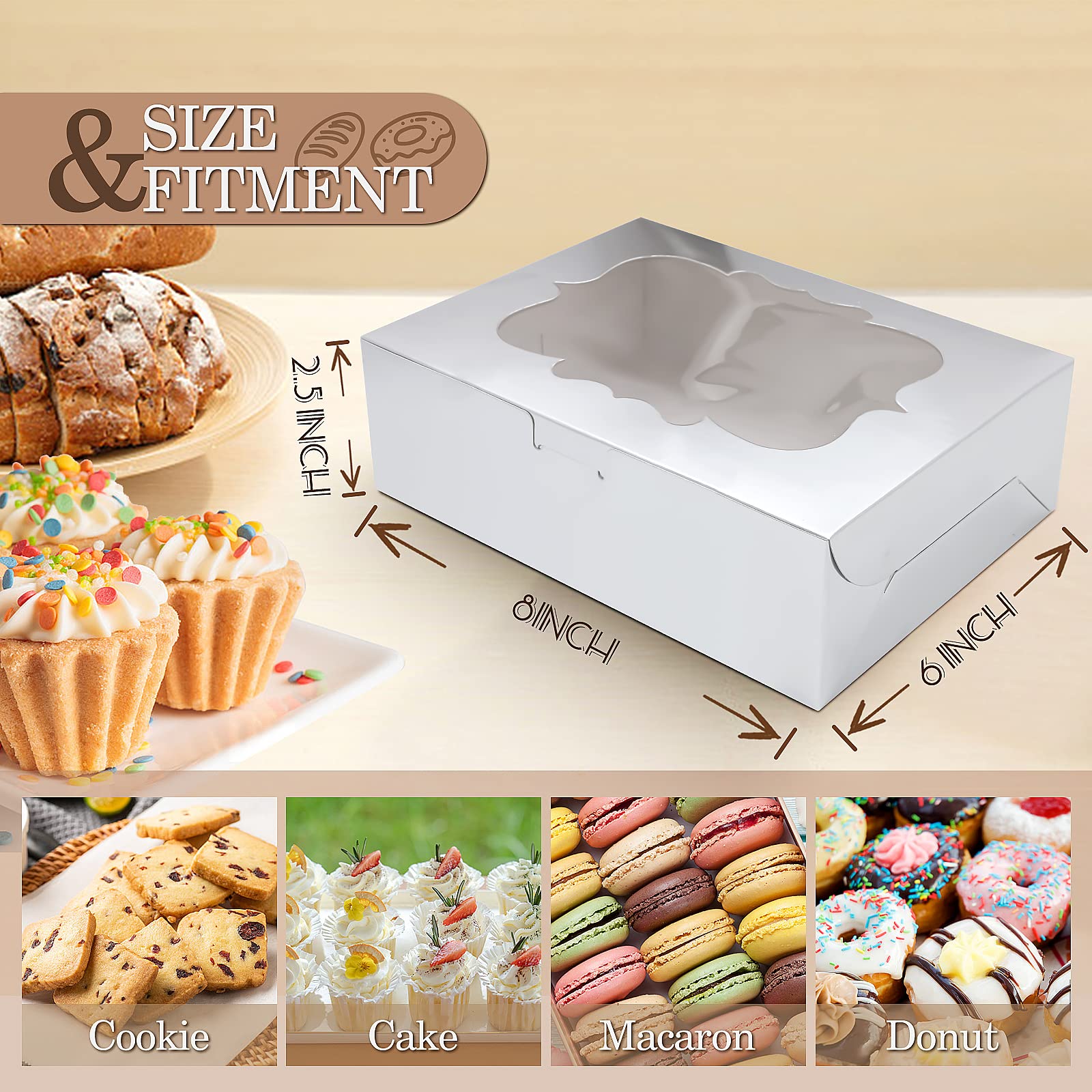 KPOSIYA 65 cajas de galletas de 8 x 6 x 2.5 pulgadas con ventana, cajas de panadería plateadas para regalo, golosinas, postres, cupcakes, chocolate, fresas, donas, magdalenas (5 ventanas de estilo)