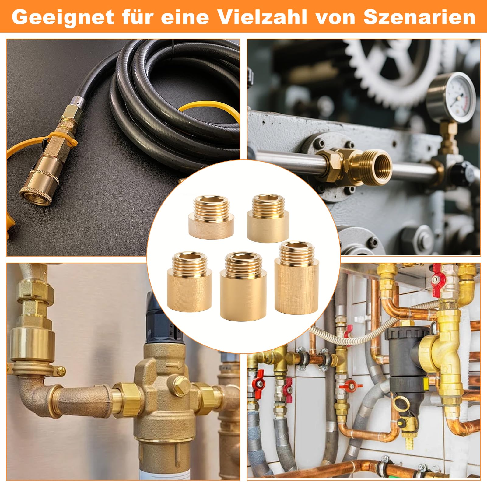5 Piezas de Extensión para Grifo de 1/2 Pulgada, Extensión para Grifo de Latón, Extensións De 1/2 Pulgada X10 mm/15 mm/20 mm/25 mm/30 mm, para Grifos, Agua Potable, con Cinta de Materia Prima