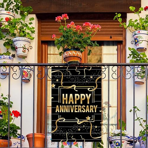 Miniatura 5 de Bandera de jardín con texto en inglés "Happy Anniversary", de arpillera de doble cara, cartel vertical para boda, aniversario, fiesta, patio, regalo