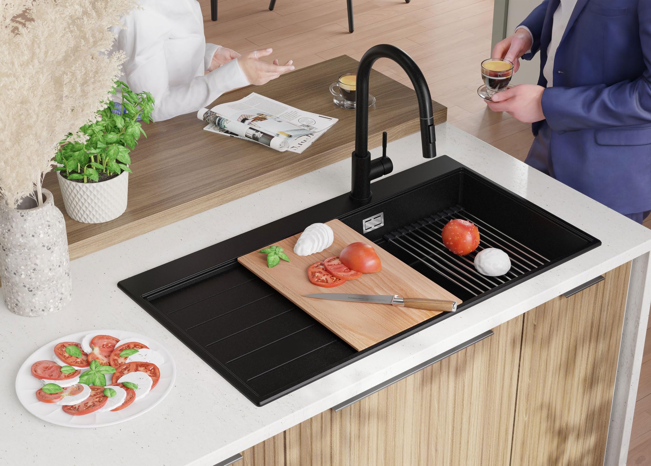 PRIMAGRAN Evier Cuisine en Granit au Meuble 60cm + Robinet, 90x50cm