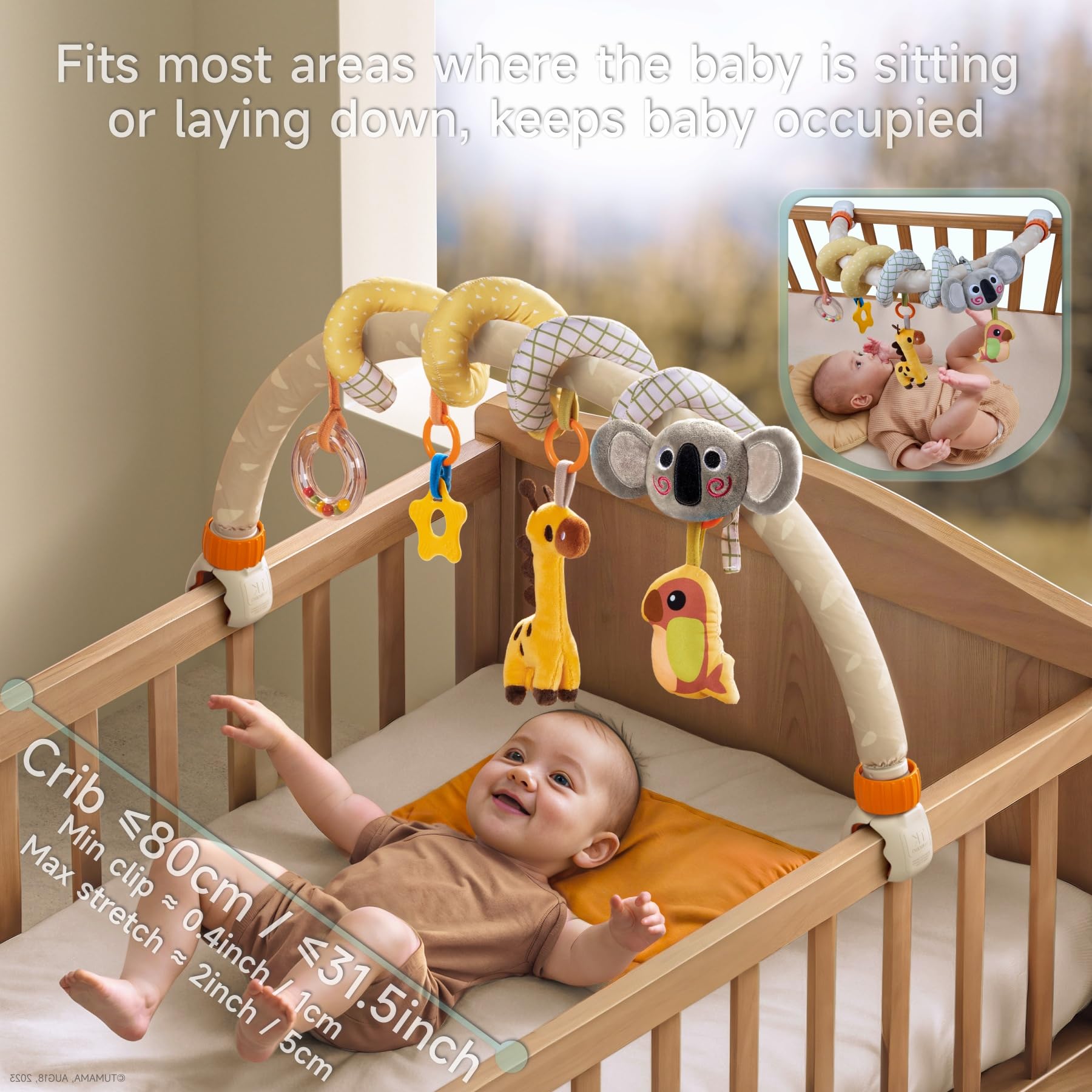TUMAM 2-in-1 Spirale D'activité Bébé avec Arche Eveil Jouet Poussette pour Bebe 0 3 6 9 Mois, Jeux Eveil Suspendu avec Hochet Et Anneaux De Dentition pour Auto, Stroller Arch, Berceau, Peluche Cadeau