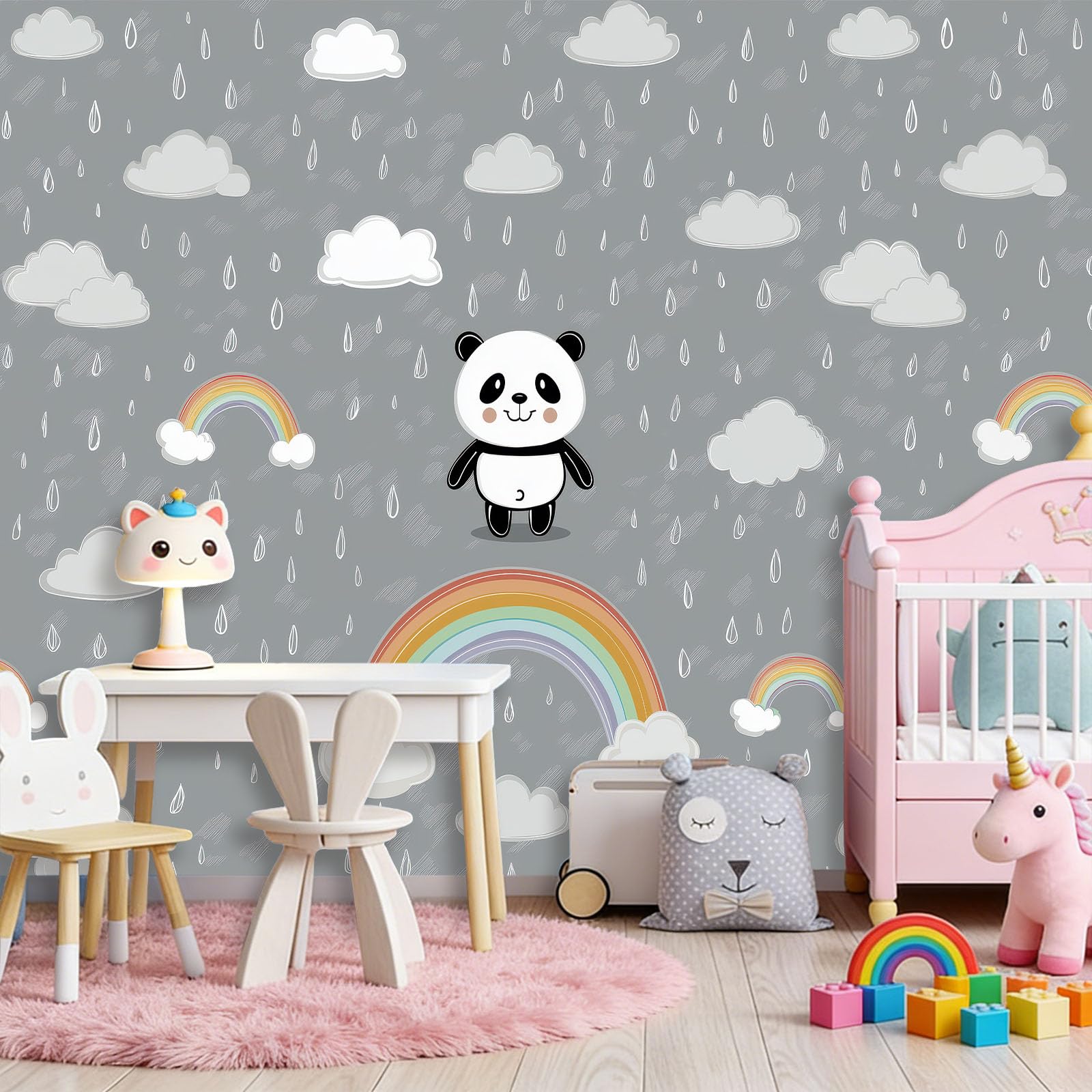 Wolke Regentropfen Tier Panda Grau Vlies Wandbild
