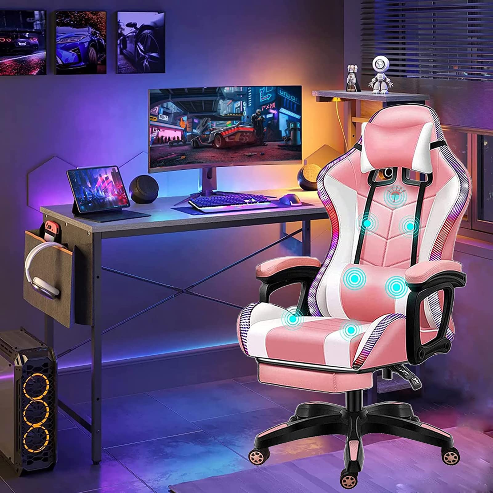 Chaise de jeu LED avec haut-parleurs et fonction massage relaxant