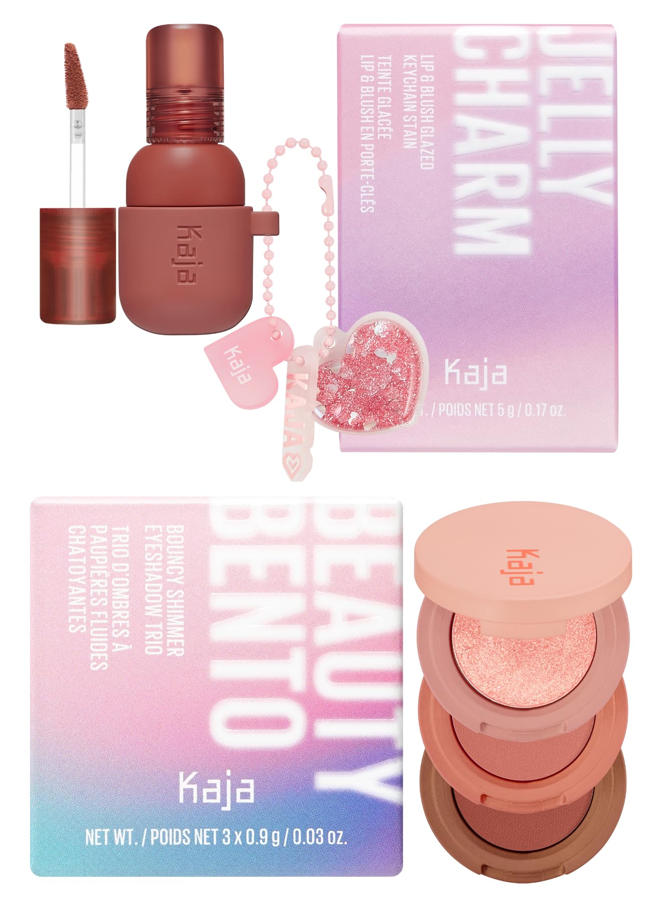 Kaja Lip & Blush Glazed Keychain Stain - Jelly Charm 05 Peach Fizz + Beauty Bento Collection - Bouncy Eyeshadow Trio 08 Chocolate Dahlia Bundle
