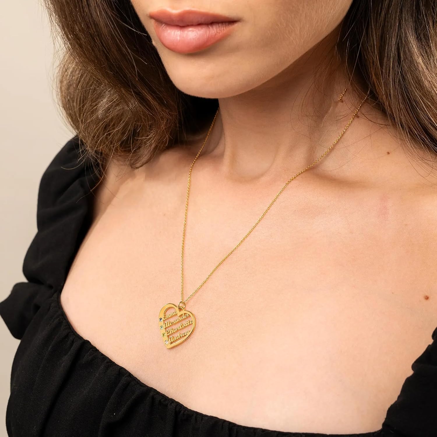 Personalized Heart Necklace with Engraved Names - Sterling Silver, Gold Plated or Solid Gold - With Birthstone or Diamond options - Up to 4 Inscriptions