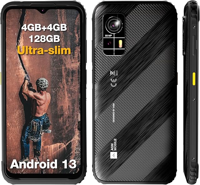 AGM H6 Rugged Smartphone, Ultra-Thin & Light, 4G Rugged Cell Phone, Waterproof, Android 13, Unisoc T606, 6.56-inch IPS HD+ 90Hz Display, 4GB RAM (4+4) + 128GB ROM, NFC, GPS, Face & Fingerprint Unlock