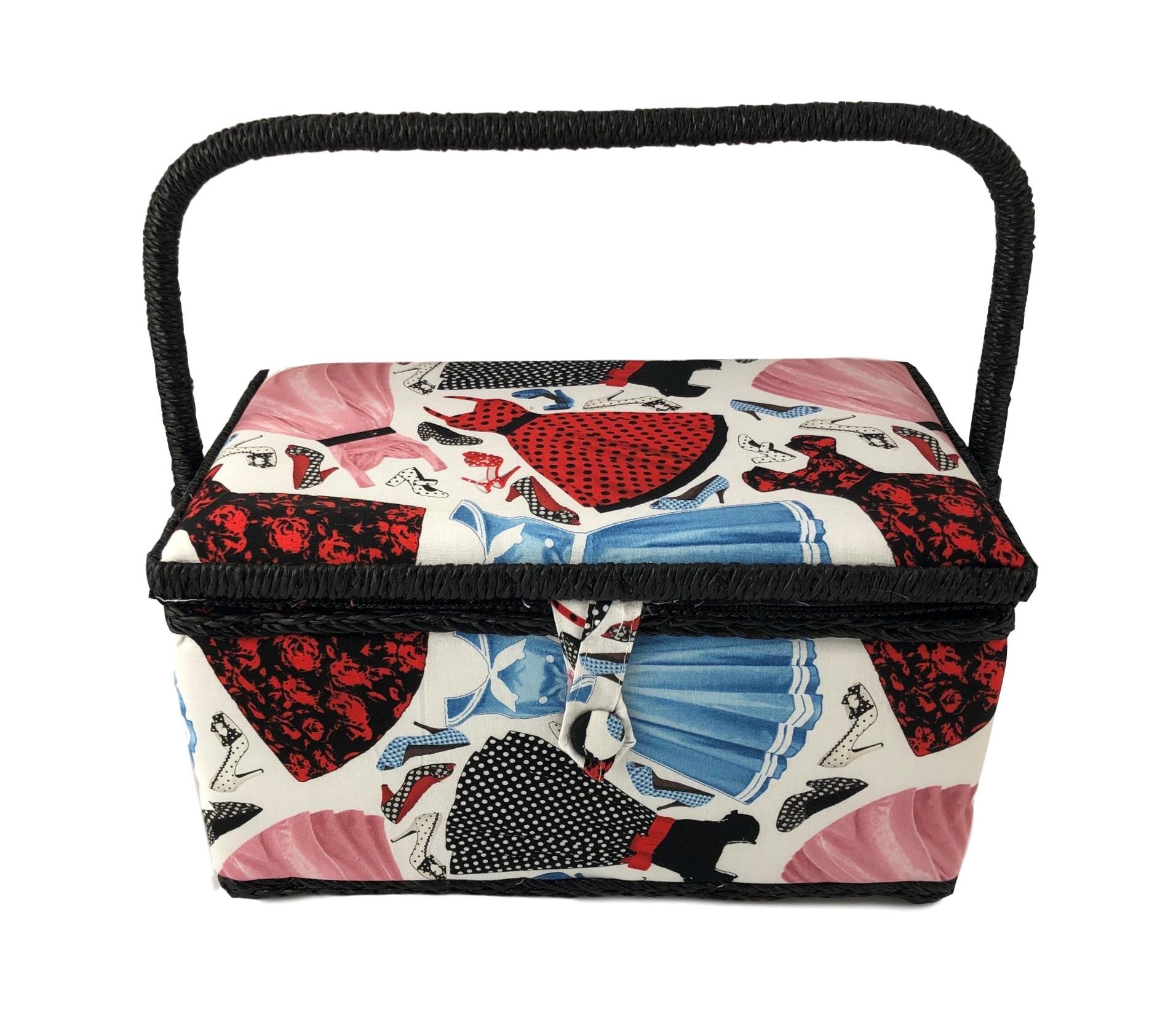 Medium Rectangle Sewing Basket Box with Tray Pincushion 11"x7"x6.5" (Medium 11"x7"x6.5", Dresses)