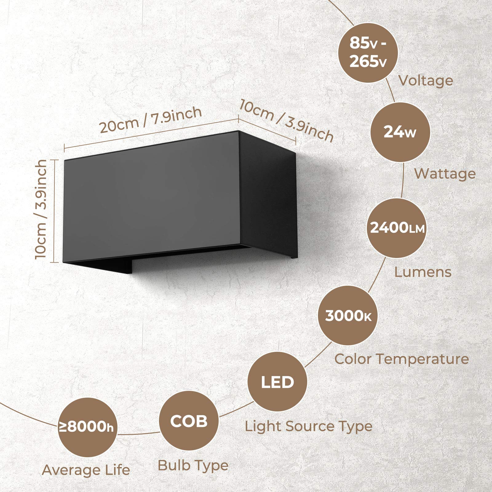 ENCOFT 24W Applique Esterno Interno COB LED, Lampada da Parete IP65 Impermeabile, Luce Bianco Caldo 3000K, in Alluminio Angolo Regolabile, Nero