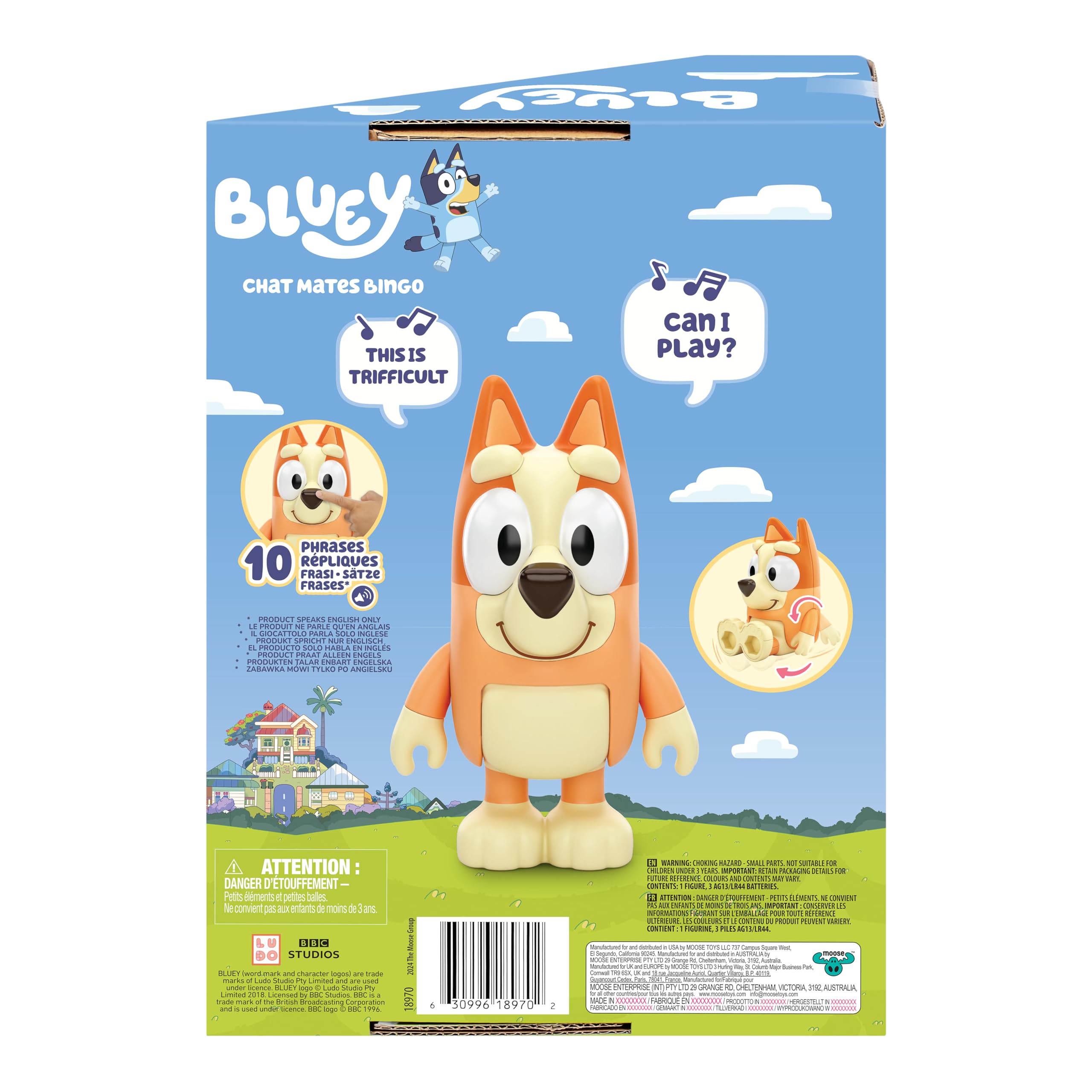 Bluey Chat Mates Bingo; presiona la Nariz de Bingo para Escuchar 10 de Sus Frases de la Serie; la Figura Tiene una Altura de 14 cm y los Brazos y piernas articulados