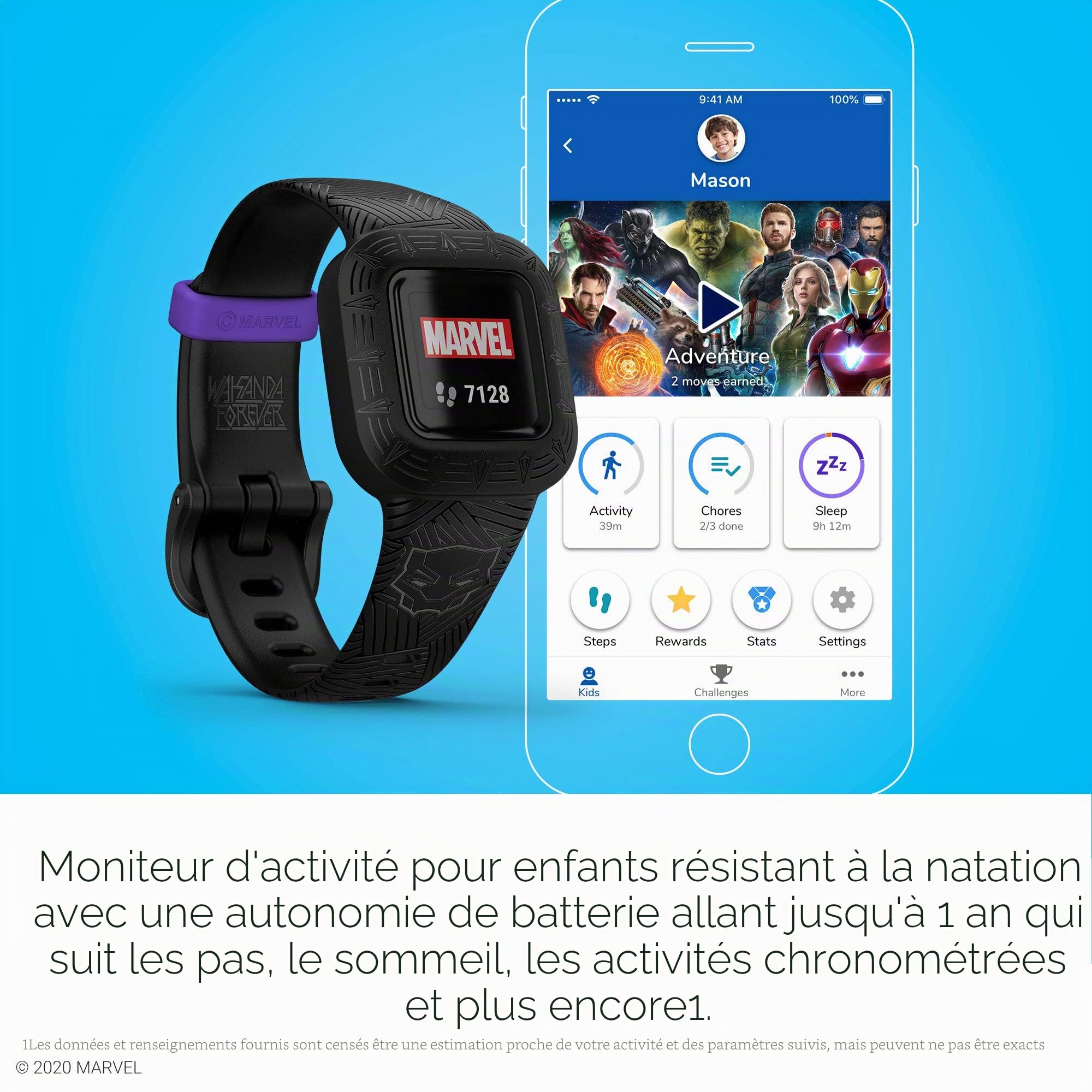 Garmin Vivofit Jr. 3 – Tracker d'activité pour enfants, adapté à la natation, jusqu'à 1 an d'autonomie, Marvel Black Panther