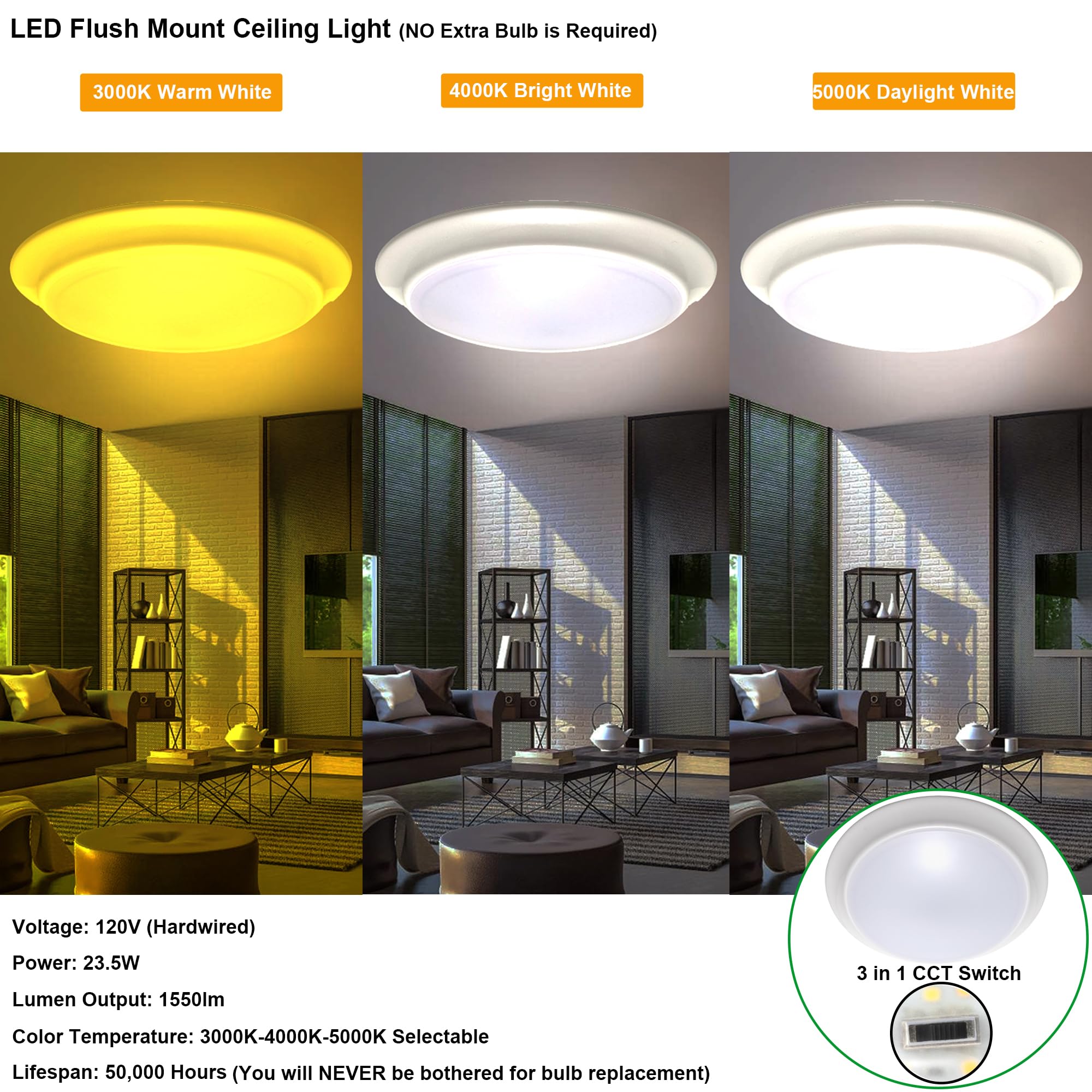 GRUENLICH 7 Inch LED Flush Mount Ceiling Light - Dimmable 12W 800 Lumen 3000K/4000K/5000K Selectable