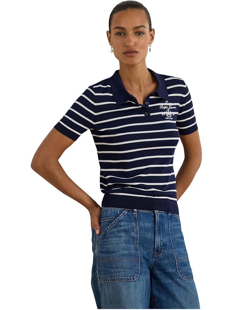 Navy Lauren Ralph Lauren Striped Cotton-Blend Polo Sweater