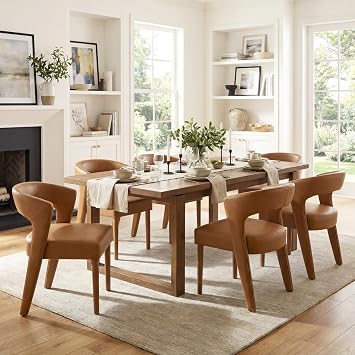 DUOMAY Modern Dining Chairs Set of 6, Leather Fabric Upholstered Kitchen Chair with Curved Open Back Accent Side Chairs Dining Room Chairs with Wood Legs, Brown