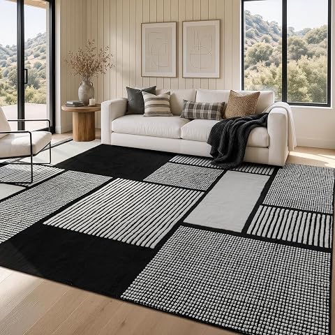 8x10 Large Black and White Area Rug, Washable Living Room Carpet, Non-Slip, Stai