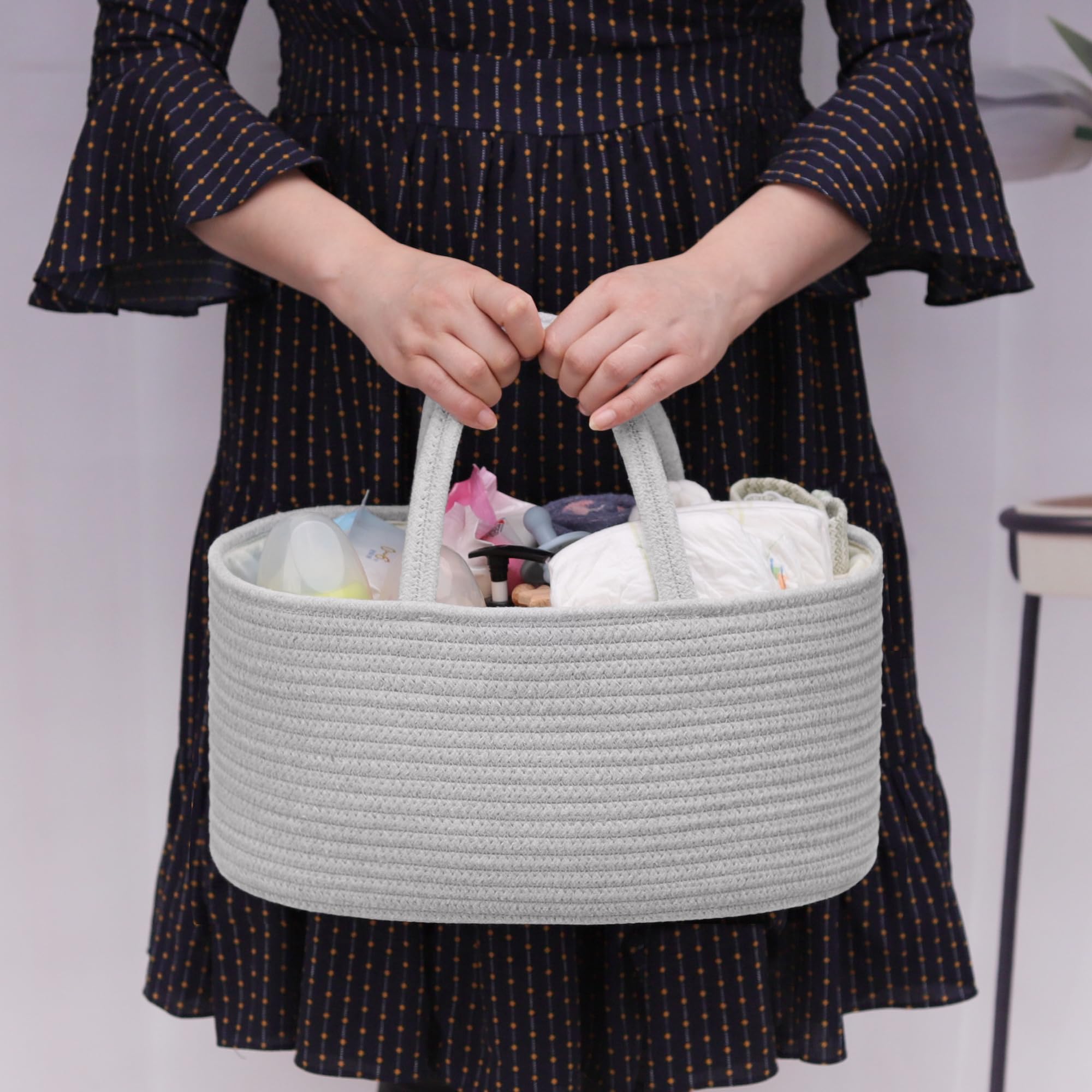 COMSE Large Nappy Caddy Organizer for Girl Boy Baby Car Diaper Caddy with Handles, Cotton Rope Diaper Basket - Image 2