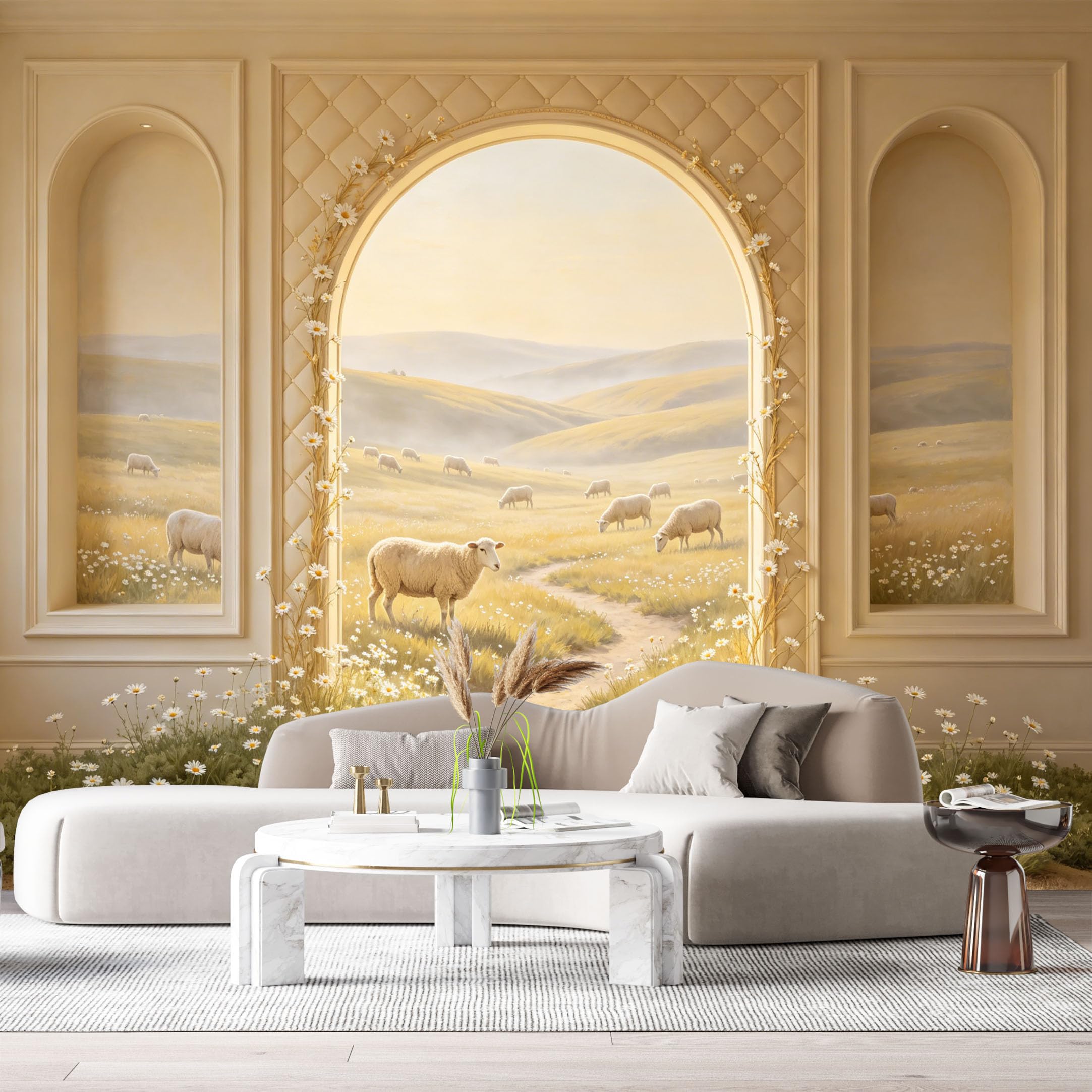 Custom Size Wall Murals Farmhouse Sheep Meadow Oil Painting 3D Trompe L'Oeil SelfAdhesiveWall Fabric Removable Wallpaper Wall Decor for Living Room Bedroom Bathroom