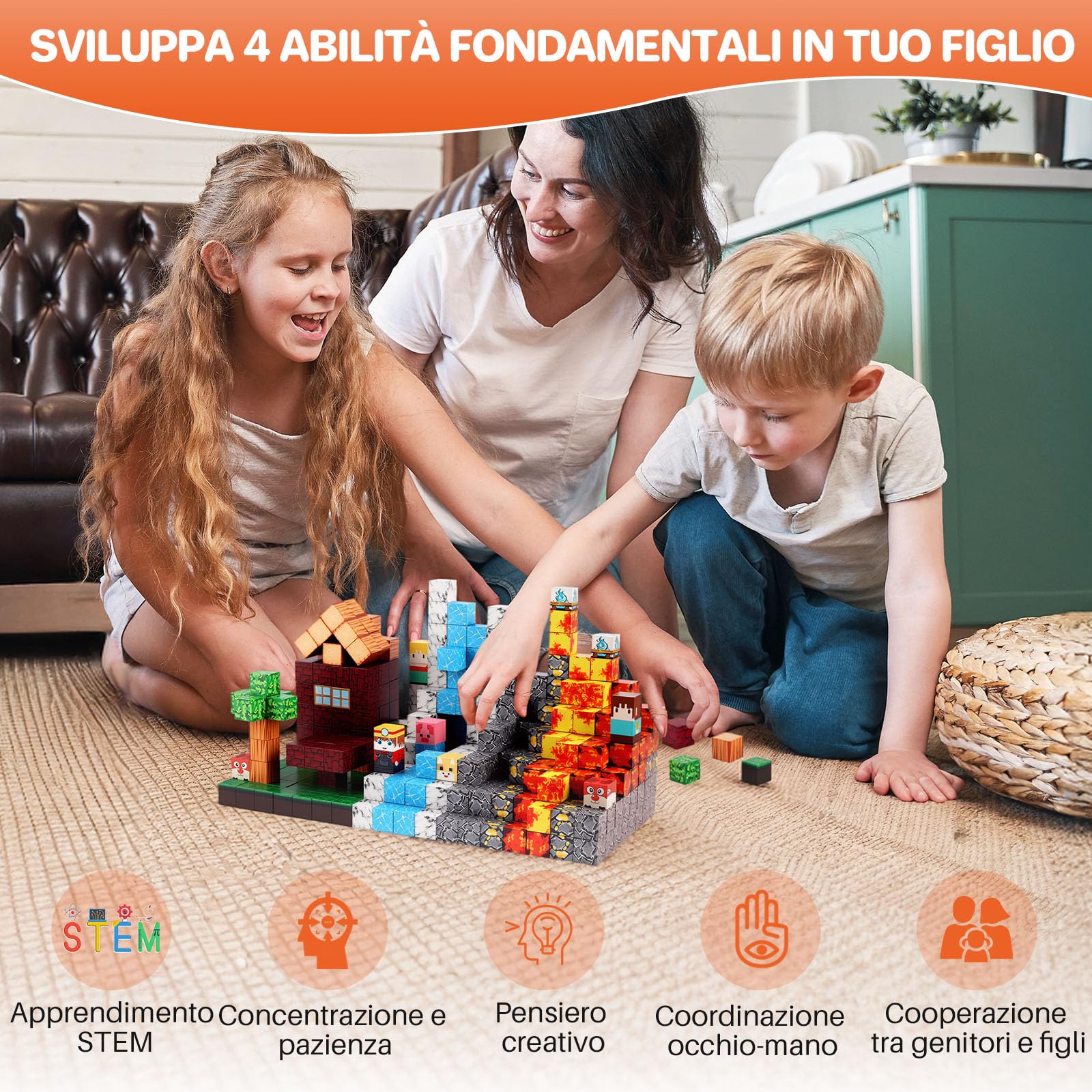 FUNYKICH Set Costruzioni Magnetiche 470 Pezzi per Bambini 3 4 5 6 7 8 9 10 Anni,Giocattoli Montessori Giocattoli Sensoriali STEM, Blocchi Magnetici Compleanni Feste Natale(2x2 cm)