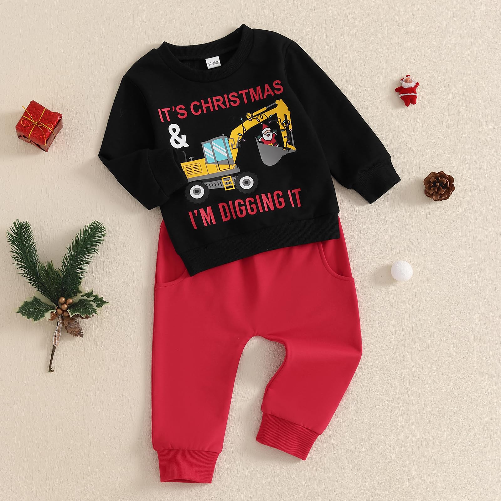 BeQeuewll Baby Boy Christmas Outfit Long Sleeve Letter Print Sweatshirt Pants Set 2Pcs Toddler Boy Christmas Outfits Winter (Black, 18-24 Months)