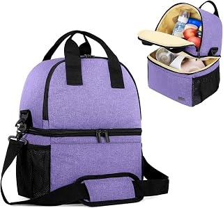 Breast Pump Bag Tote with Cooler Compartment for Breast Pump, Cooler Bag, Breast Milk Bottles and More, Double Layer Pumping Bag for Working Moms, Purple