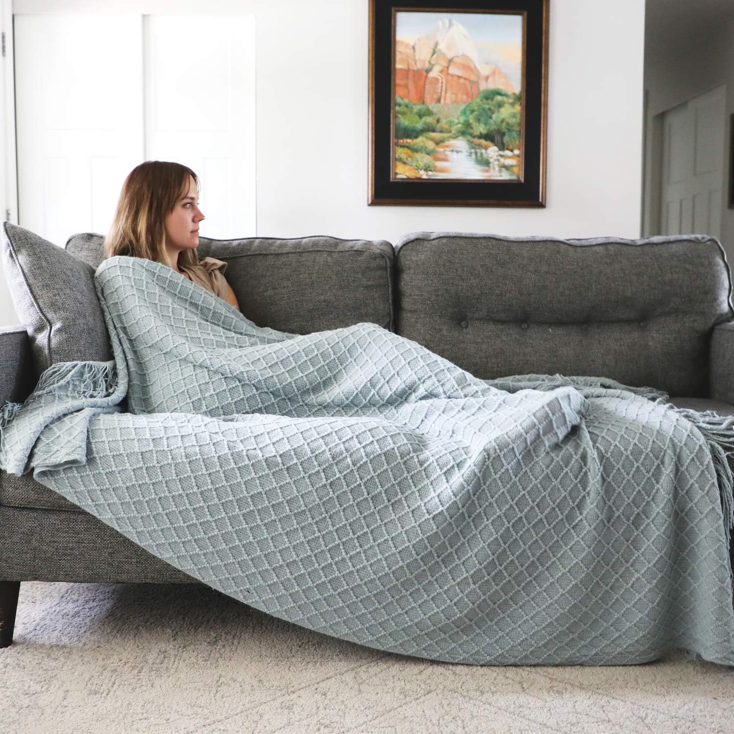 GRACED SOFT LUXURIESOversized Throw Blankets Knit Soft for Sofa Couch Decorative Knitted Farmhouse Fringe Blanket (Sky Gray, Extra Large 60" x 80")