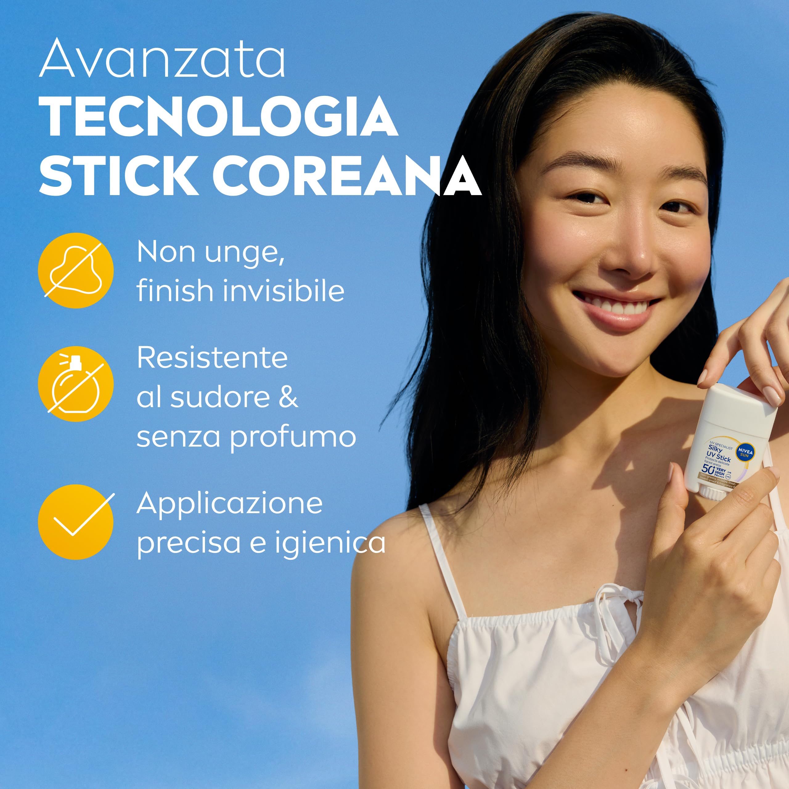NIVEA SUN UV Viso Specialist Stick UV Effetto Seta SPF 50+ 15 g, Stick solare 50 viso per un'applicazione on-the-go, Protezione solare viso ultra-leggera e invisibile, Skincare coreana senza profumo