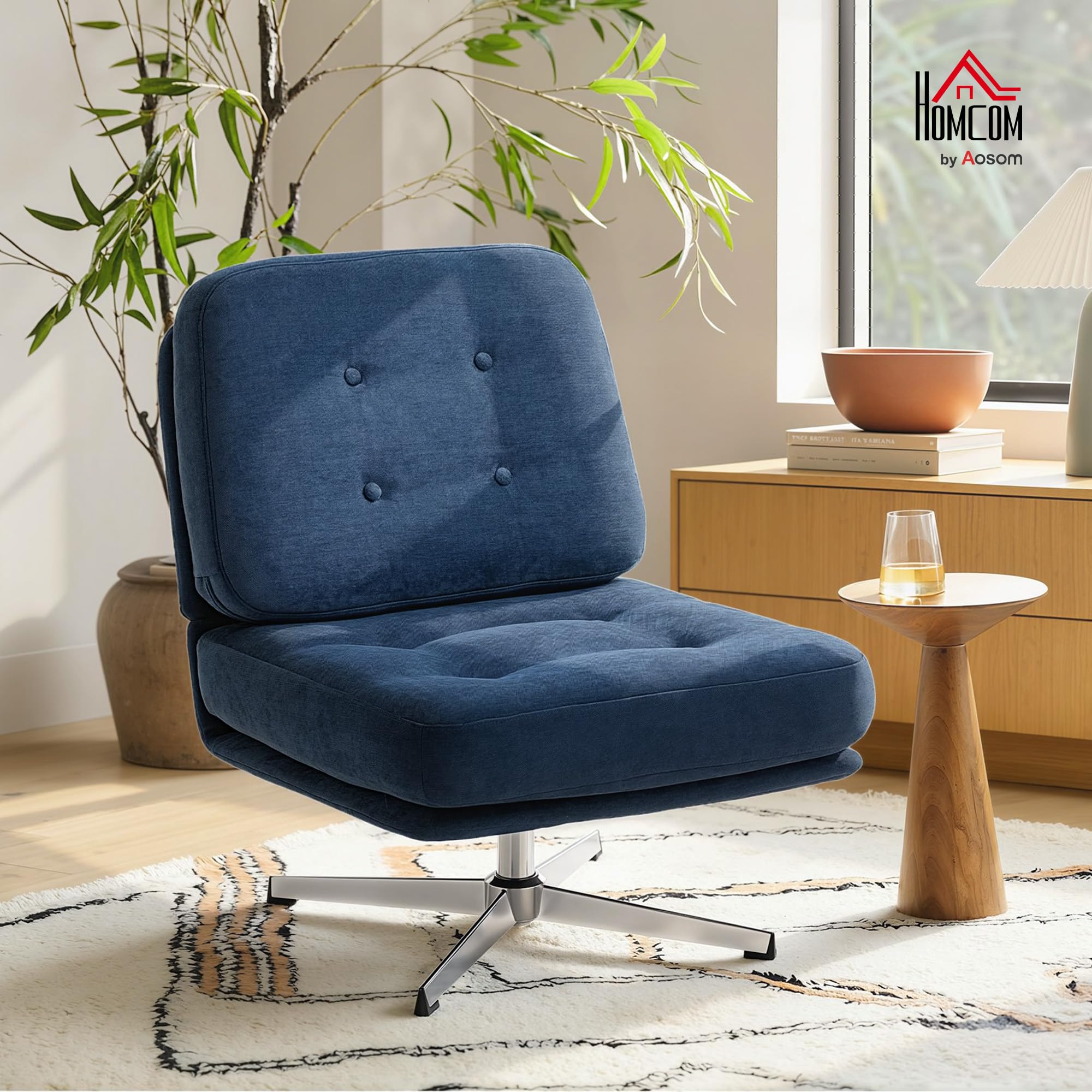 HOMCOM Fauteuil Salon sans accoudoirs, Chaise pivotante en Tissu Chenille, Assise rembourrée et Large, Pieds croisés en métal sans roulettes, Fauteuil Relax pour Chambre et Salon, Bleu foncé