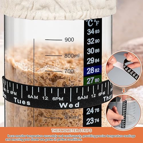 Miniatura 5 de Kit de inicio de masa madre de 2 paquetes con tarro de vidrio de 32 onzas, kit de tarro de inicio de masa madre con termómetro, banda de fecha de