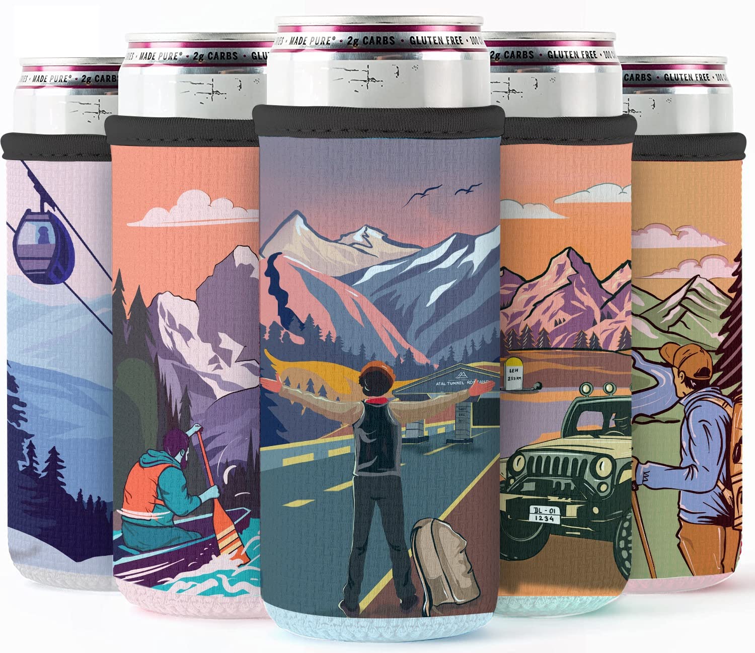 Can Covers - Reusable Neoprene Insulator Sleeve Coozies for Bottle Pints 330 ml/Cola or Energy Drink Cans Upto 500 ml - Himalayas Inspired Premium Design - Set of 5