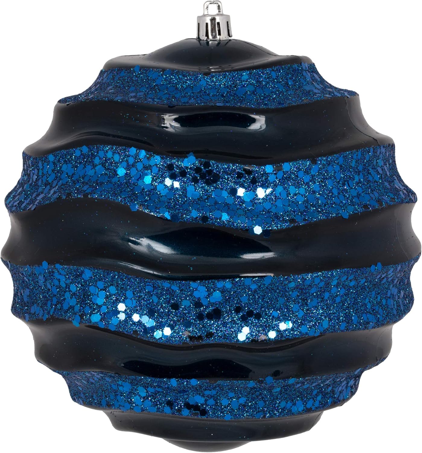 Vickerman 8" Christmas Ornament Wave Ball, Midnight Blue Stripe Candy Finish with Glitter Accents, Shatterproof Plastic, Holiday Christmas Tree Decoration