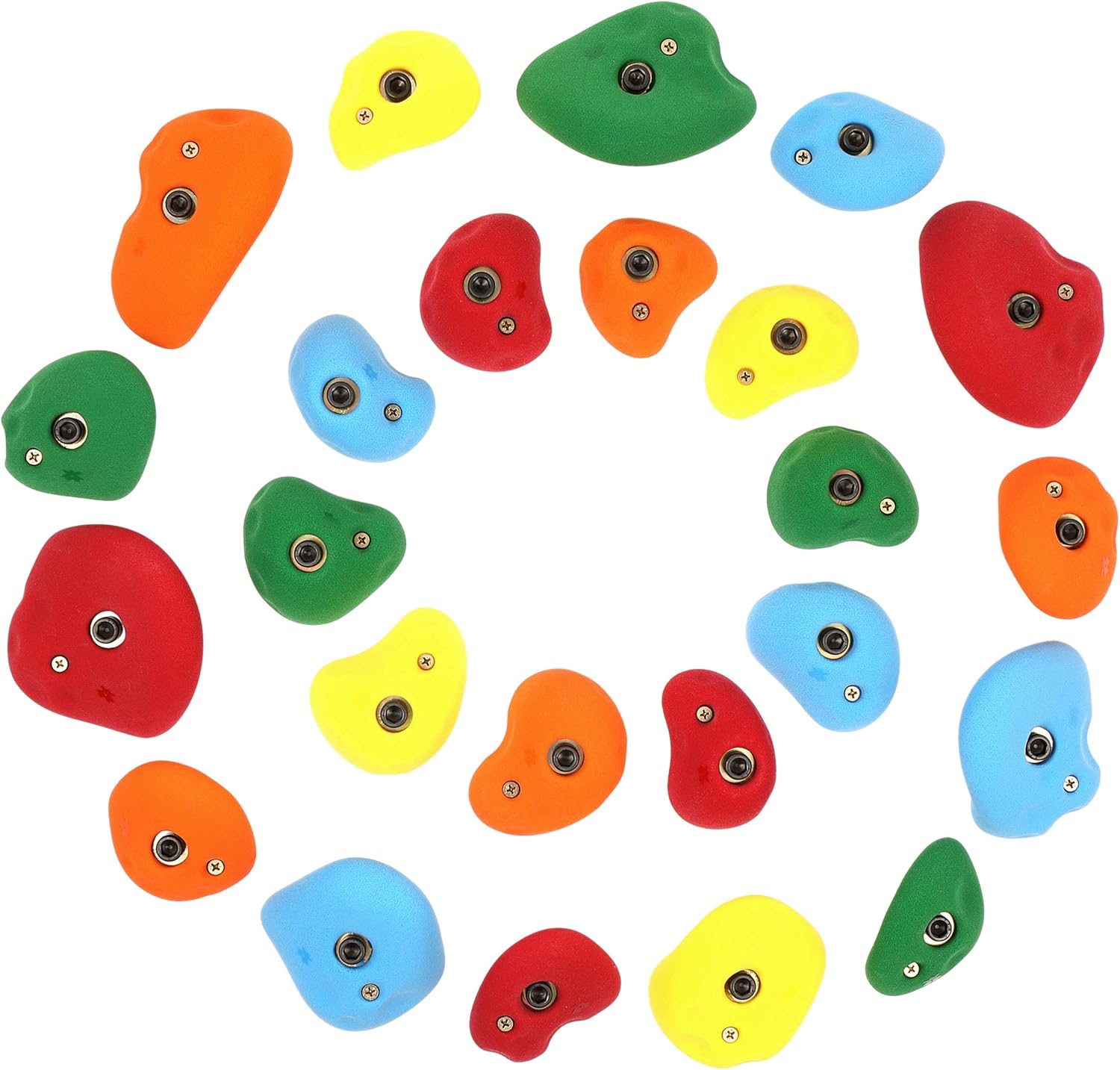 Atomik Rock Climbing Holds Set of 24 Golfus Style Tennis Shoe Friendly Footholds and Jugs with Indoor Rated Hardware in Assorted Bright Tones