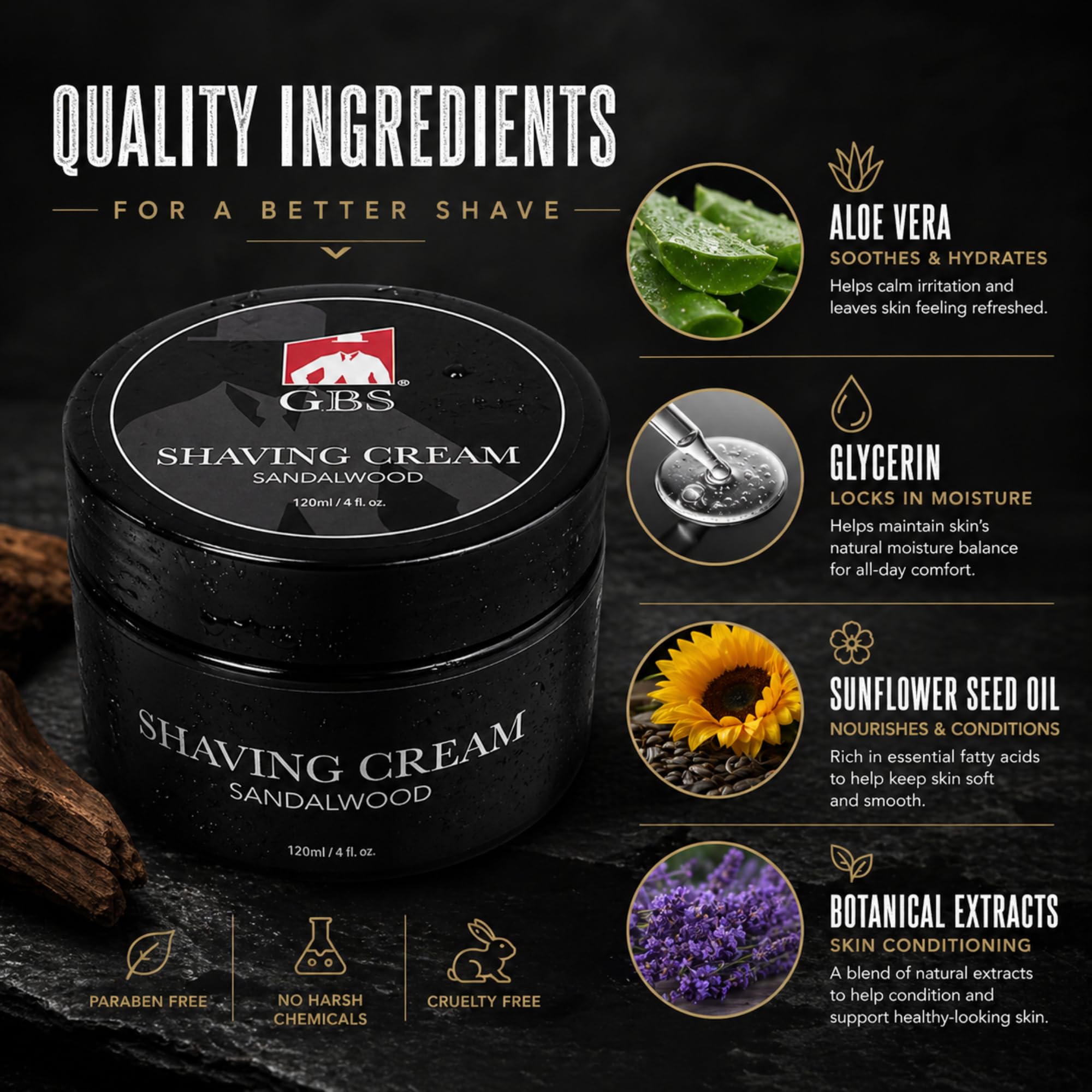 G.B.S Crema da barba al sandalo per pelli sensibili. Idrata e nutre per una rasatura rasata. Protegge la pelle da tagli, urti, arrossamenti e irritazioni. Confezione da 1 pezzo
