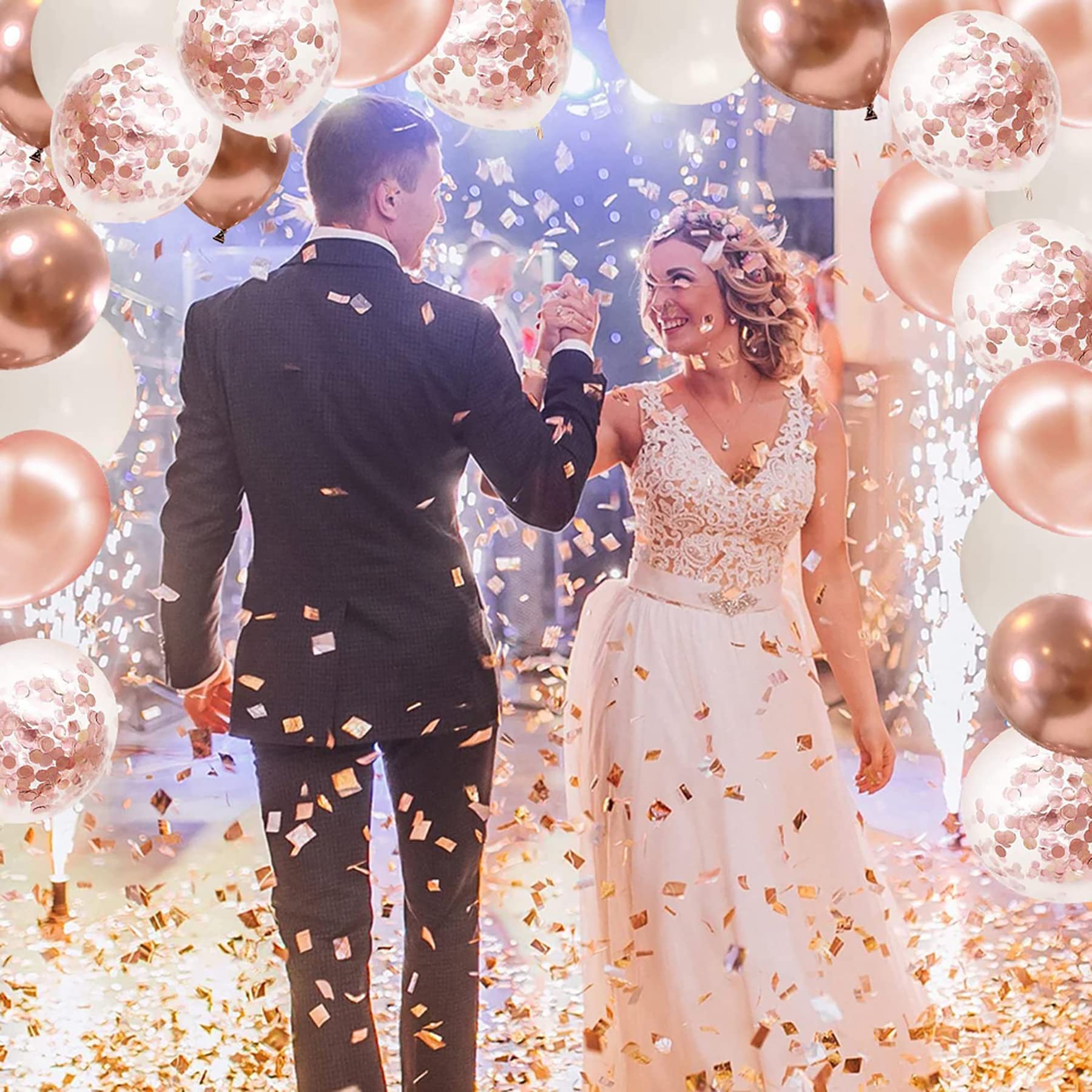 70 Pièces Ballon Rose Gold Anniversaire, Ballon Or Rose Confettis Blanc
