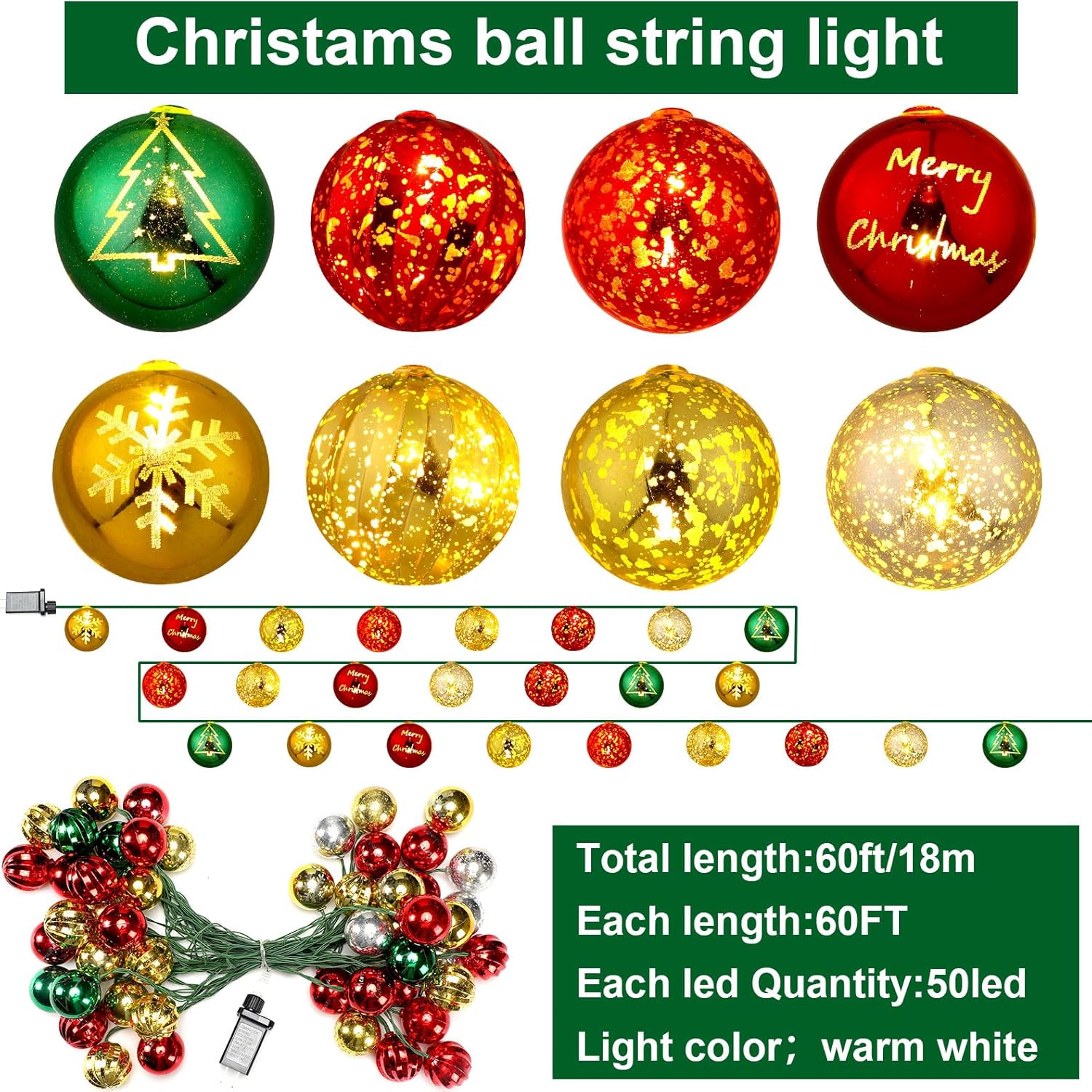 Condition photo showing New/Like New for Liliful 60 ft Christmas Tree String Lights with 50 Bulbs Large Indoor Decorations, Plug in Expandable Wire Lights for Christmas Tree Decorations Outdoor Holiday