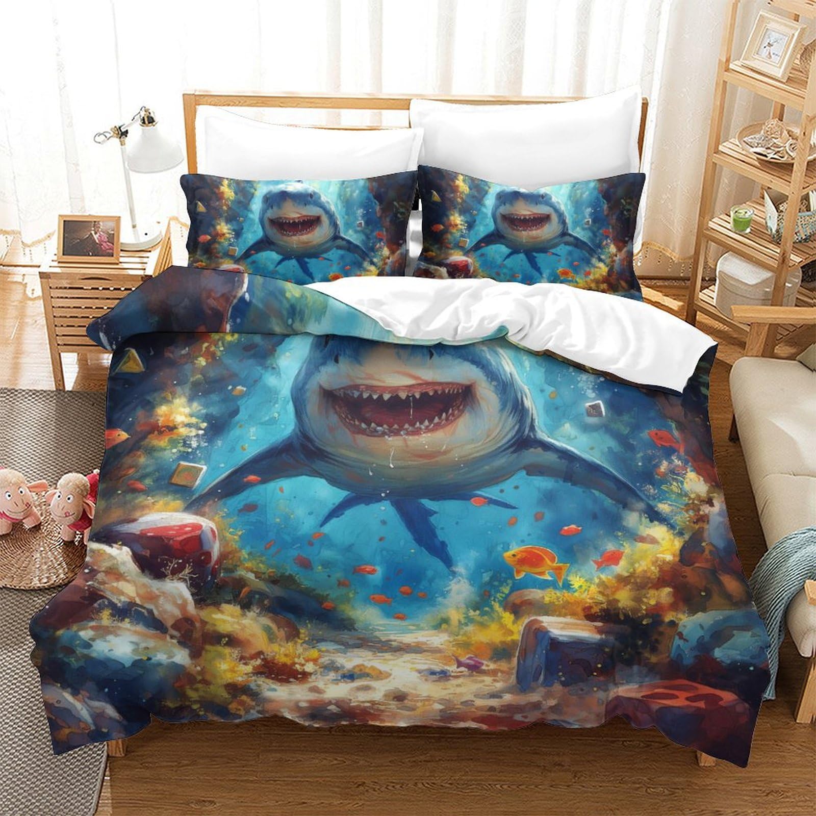 Parure de lit grand requin blanc 3D pour transformer une chambre d'ado passionné de mer