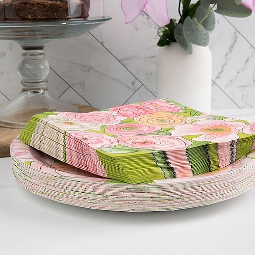 Miniatura 8 de Juego de 48 platos y servilletas de papel floral, elegante vajilla desechable resistente para cumpleaños, baby showers, almuerzo de novia, fiesta de