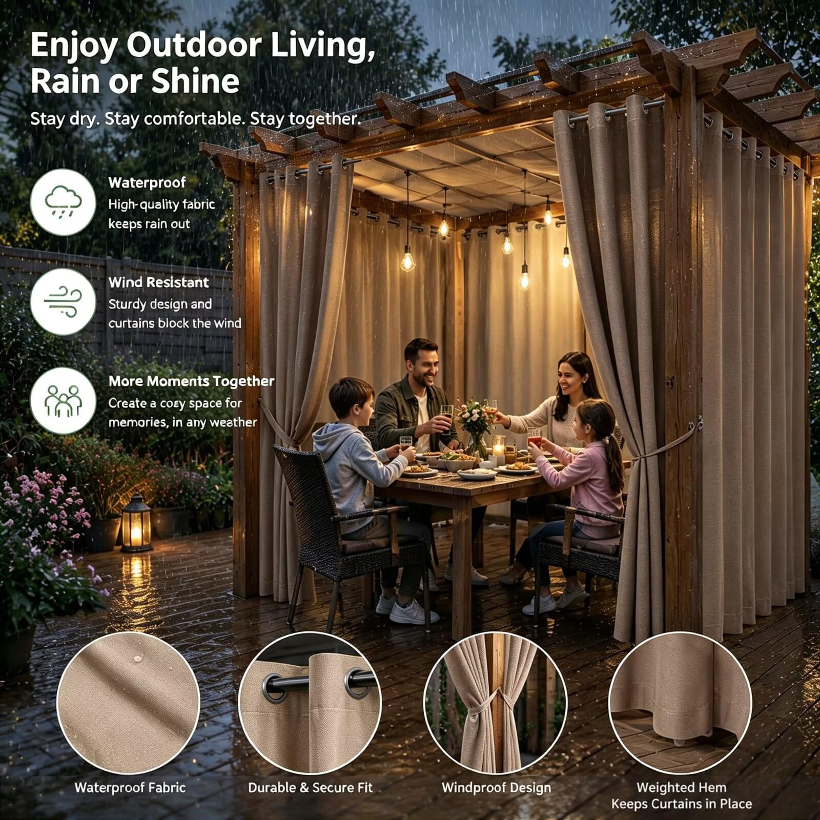 Rideau occultant extérieur imperméable pour pergola H213x L266cm Brun clair