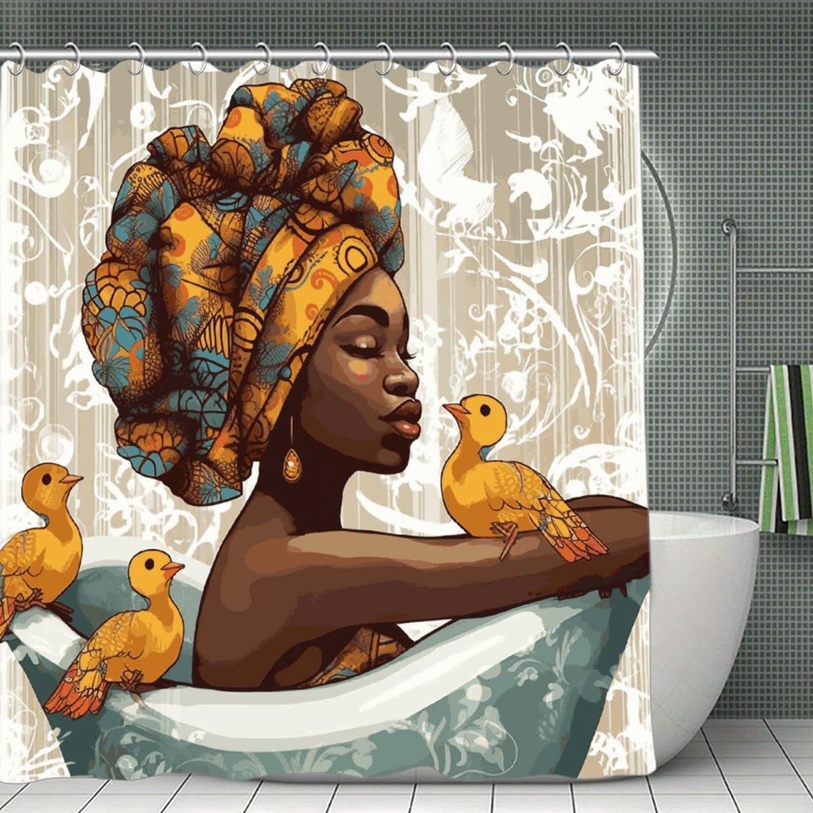 VstaDank African Girl Shower Curtain 71x71 Heavy Duty Polyester Cloth Bath Curtain with Hooks Thick Waterproof Shower Liner Fun Magic Decorative Bathroom Curtains for Bathtub