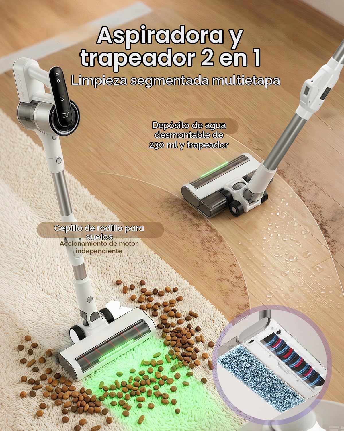 Aspiradora sin Cable, 15000Pa/40000RPM/30Min, Aspiradora y Fregona Autoportante con Tubo Plegable, Luz Verde, Filtración Antialérgica, para Pelo de Mascotas, Alfombras, Suelos Duros, Coche