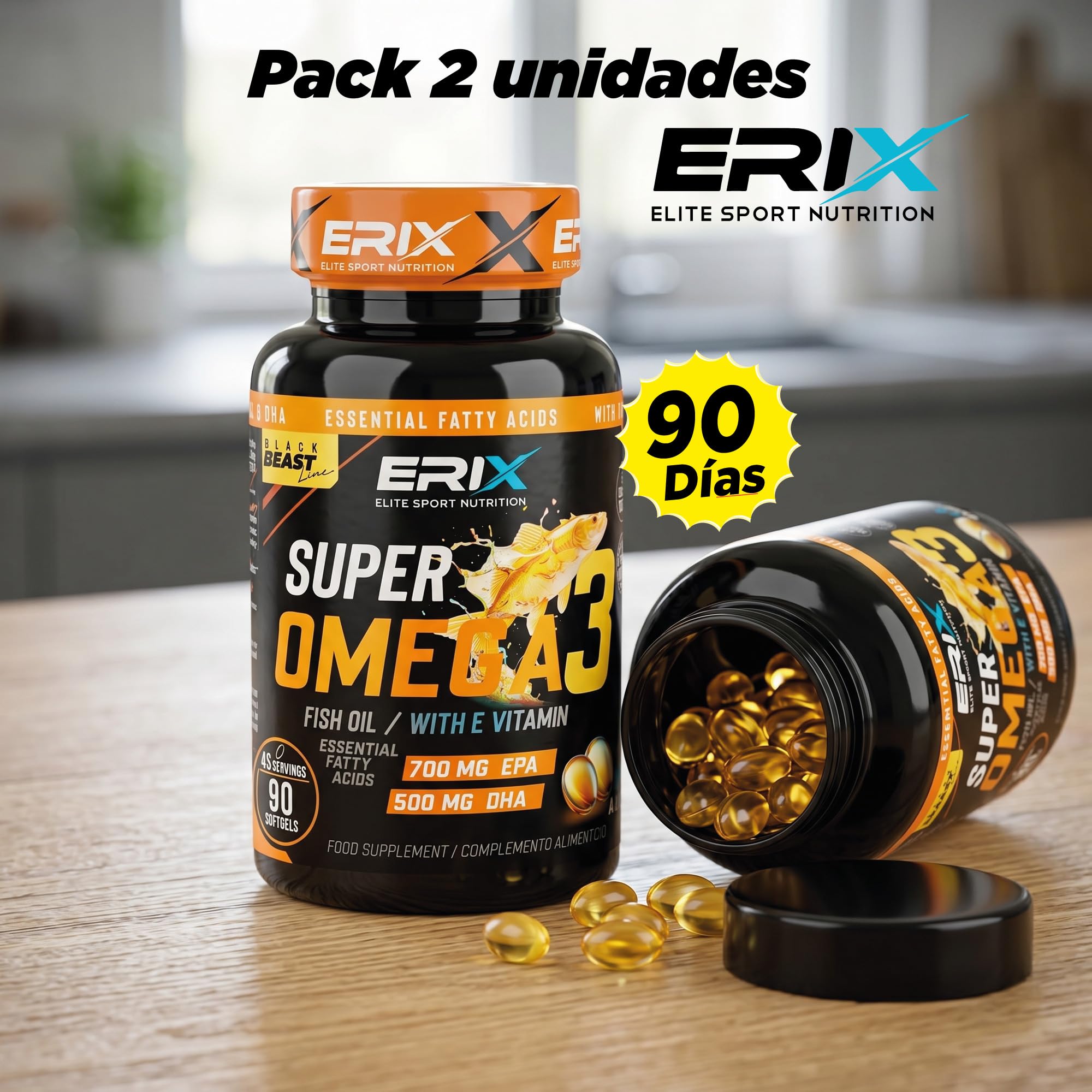 ERIX Nutrición Super Omega 3 Alta Concentración 2000mg - Pack de 2 (180 Perlas) - 700mg EPA y 500mg DHA - Suministro para 3 Meses - Máxima Pureza con Vitamina E - Nutrifight